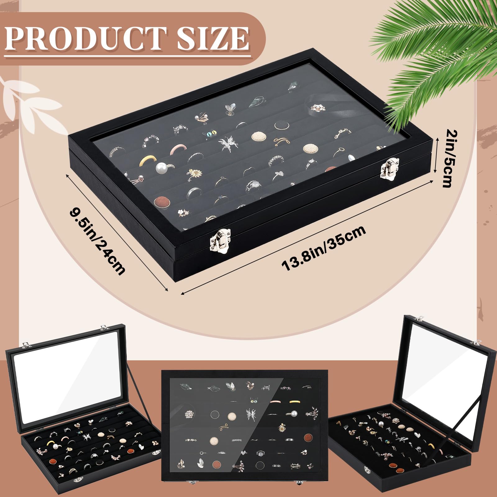 Sasylvia 3 Pcs Large 100 Slots Jewelry Box Velvet Multiple Ring Organizer Boxes for Jewelry Displays with Transparent Cover Jewelry Storage Ring Tray with Lock Organizer Display Case