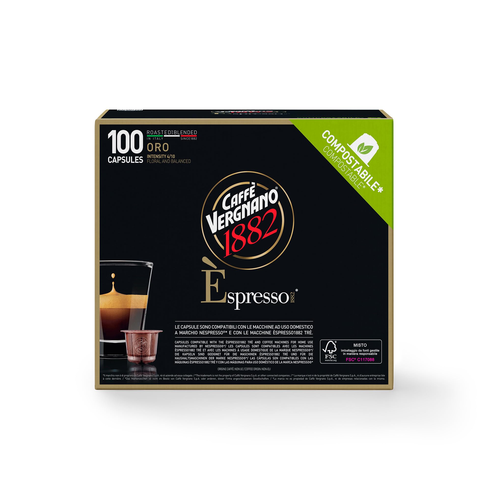 Caffè Vergnano 1882 - 100 Capsule Caffè Compostabili e Compatibili con Nespresso, Oro - Pack da 100 capsule