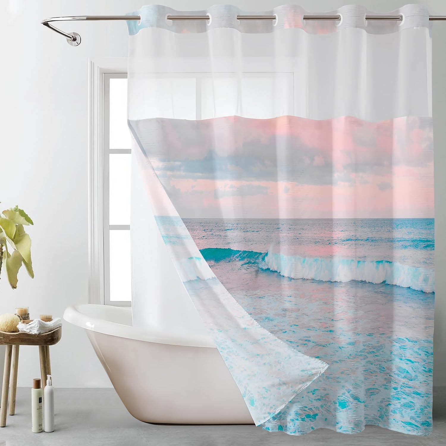 LB Halloween Ghost No Hook Shower Curtain with Snap-in Fabric Liner Set, Fall Forest and Ghost in Bathtub Shower Curtains for Bathroom, Black Cat on Pumpkin Waterproof Washable Fabric, 72W x 74H