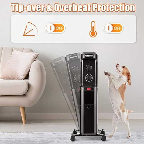 Miniatura 3 de COSTWAY Calentador de radiador lleno de aceite, calentador de aceite eléctrico de 1500 W con 3 modos de calefacción, termostato ajustable,