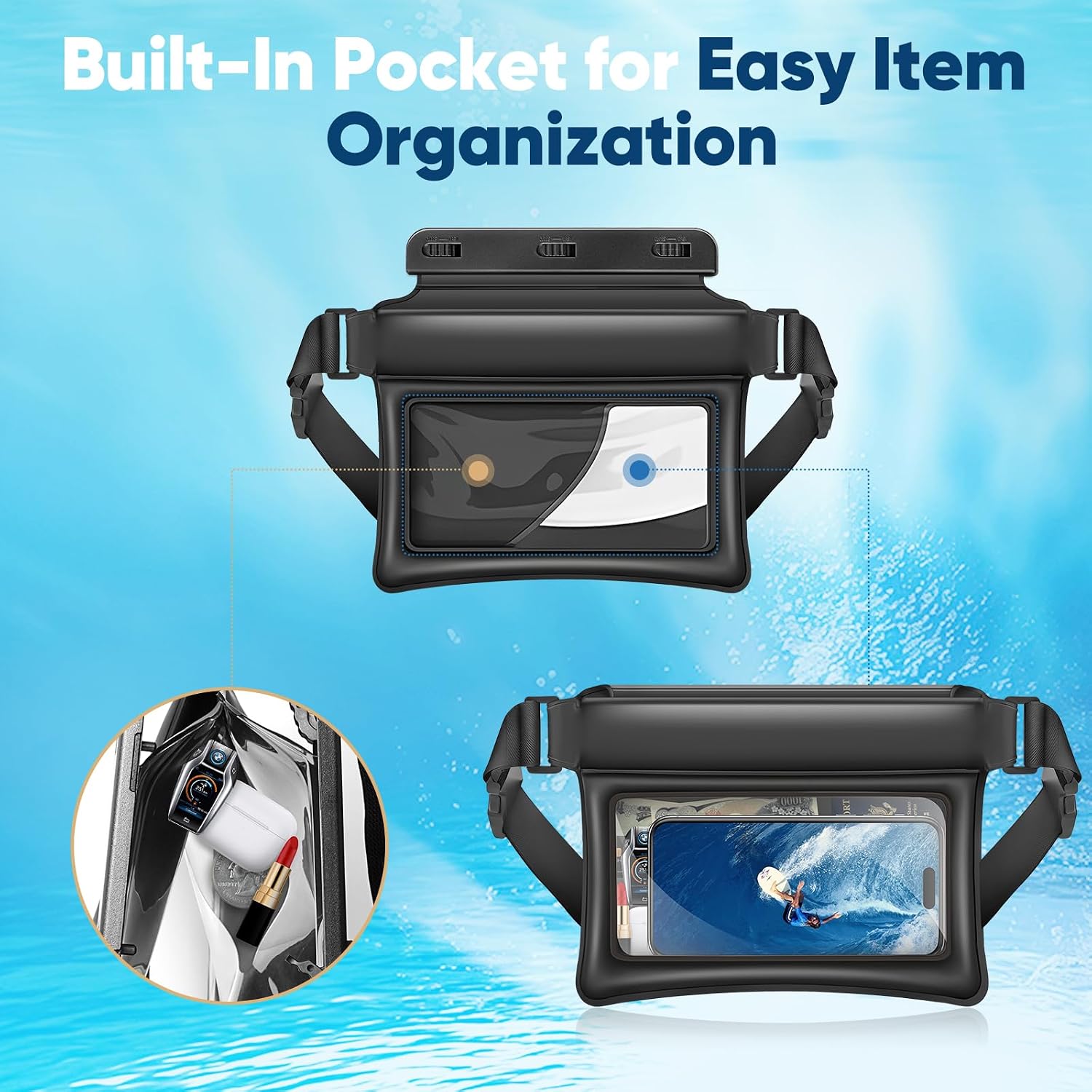 Waterproof Phone Pouch with Adjustable Waist Strap, IPX8 Floating Large Capacity Dry Bag Fanny Pack for Beach, Boating, Kayaking, Swimming, Snorkeling Black