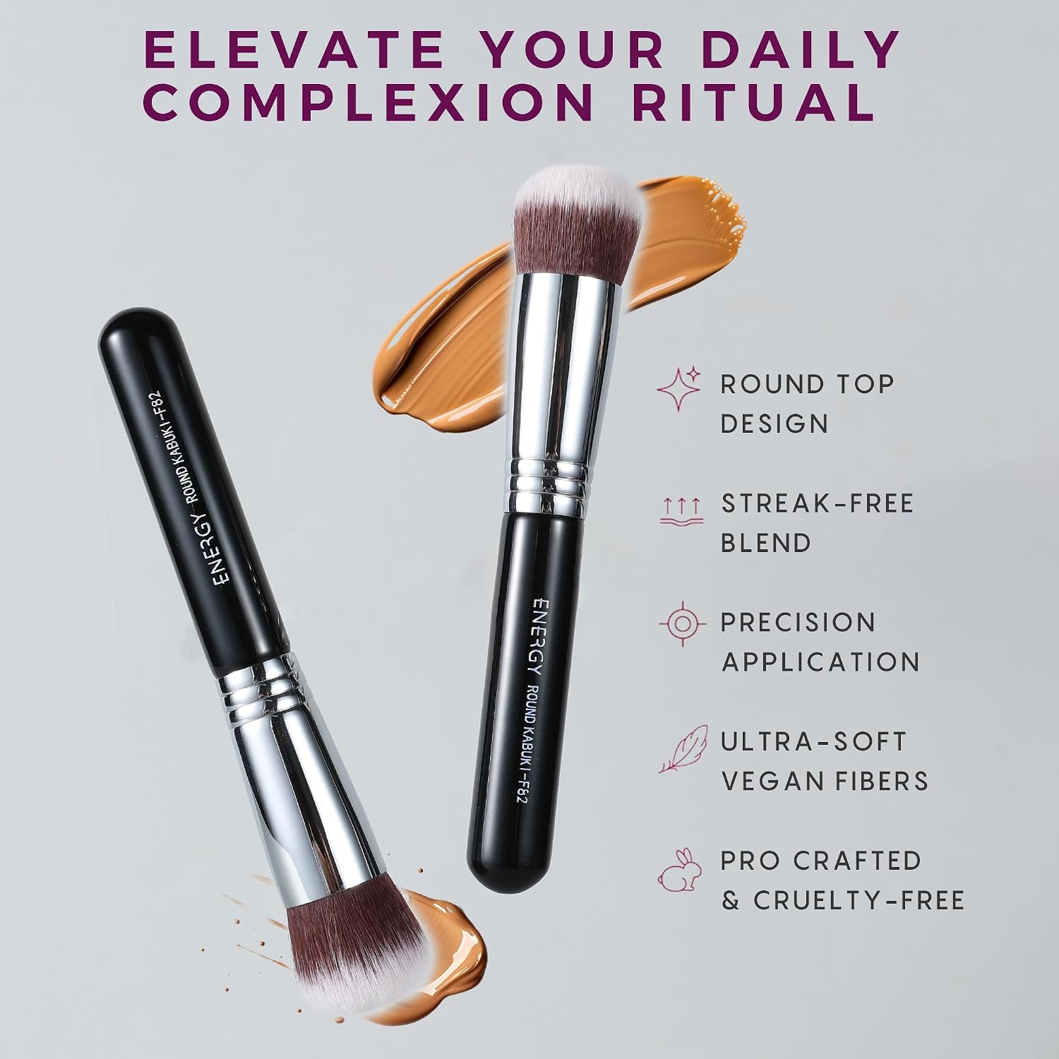 Round Kabuki Foundation Brush - Dense Synthetic Makeup Brush for Liquid, Cream & Powder, Professional Buffing & Blending Tool, All-in-One Face Makeup Tool, Vegan Beauty Gift