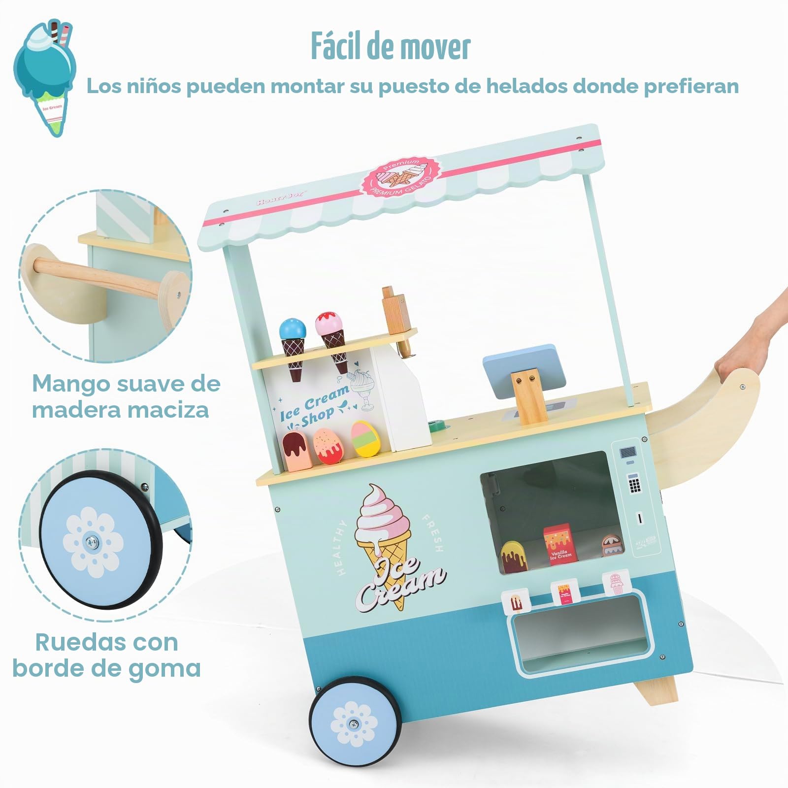HOMASIS Carrito de Helados de Madera con 15 Accesorios, Juego de simulación con máquina expendedora, Expositor, Pantalla, Heladería con Ruedas y toldo para niños de 3+ años, 75,5x31x88cm (Verde)