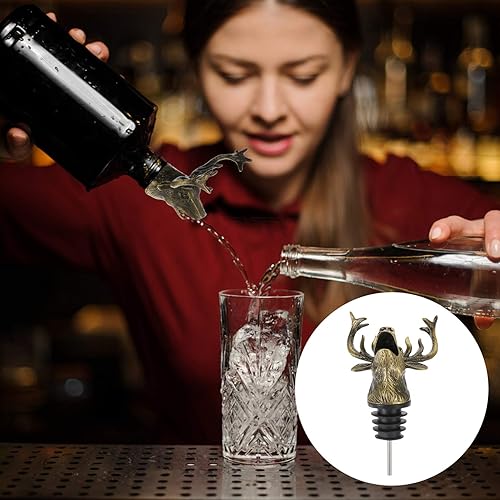 Vista 25 de Deer Head - Boquilla vertedora de vino, tapón de botella de vino de alce vintage para accesorios de bar, cumpleaños y boda bronce