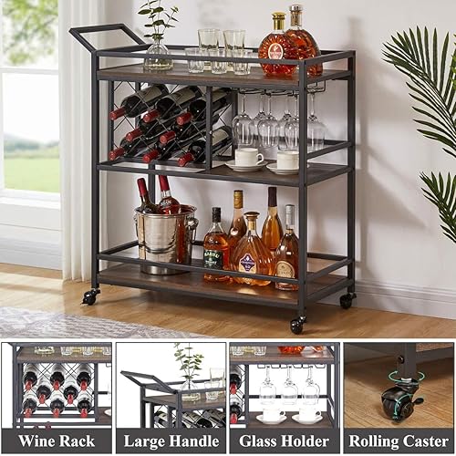 Miniatura 6 de FATORRI Carritos de bar para el hogar con estante de vino y soporte para vasos, carrito de servir rústico con ruedas para licor y alcohol, carrito