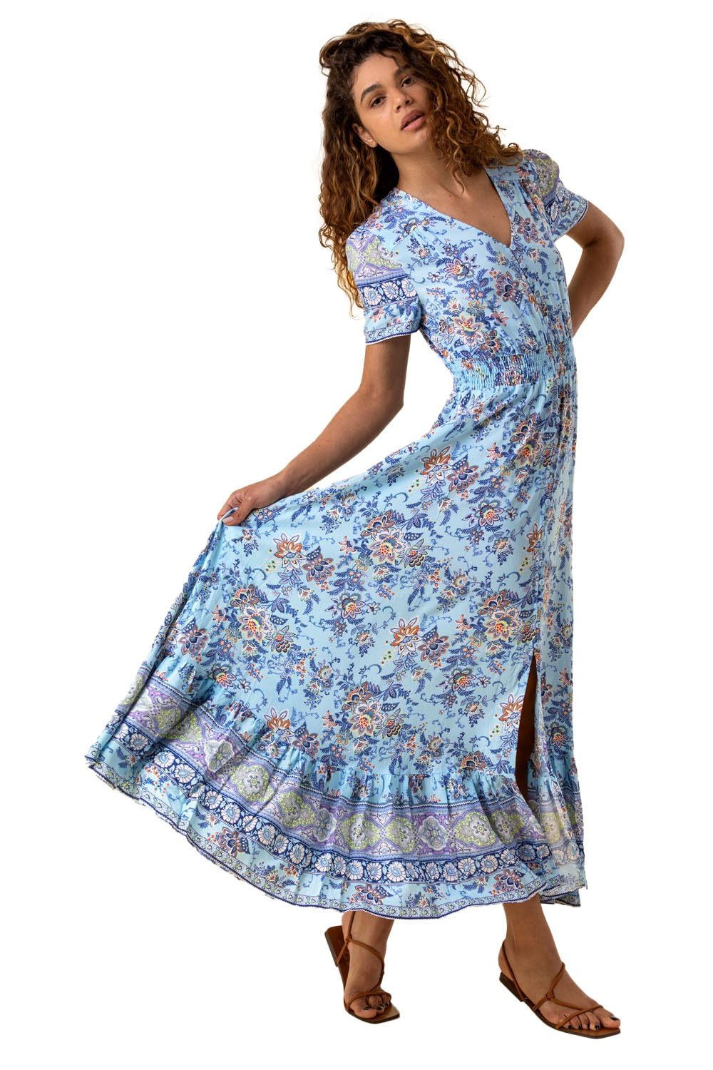 Roman Originals Women's Blue Shirred Empire Waist Dress For Uk Midi Maxi Summer Spring Tiered Frill Hem Short Sleeve V Neck Button Through Boho Bohemian Holiday Cruise - Size 20