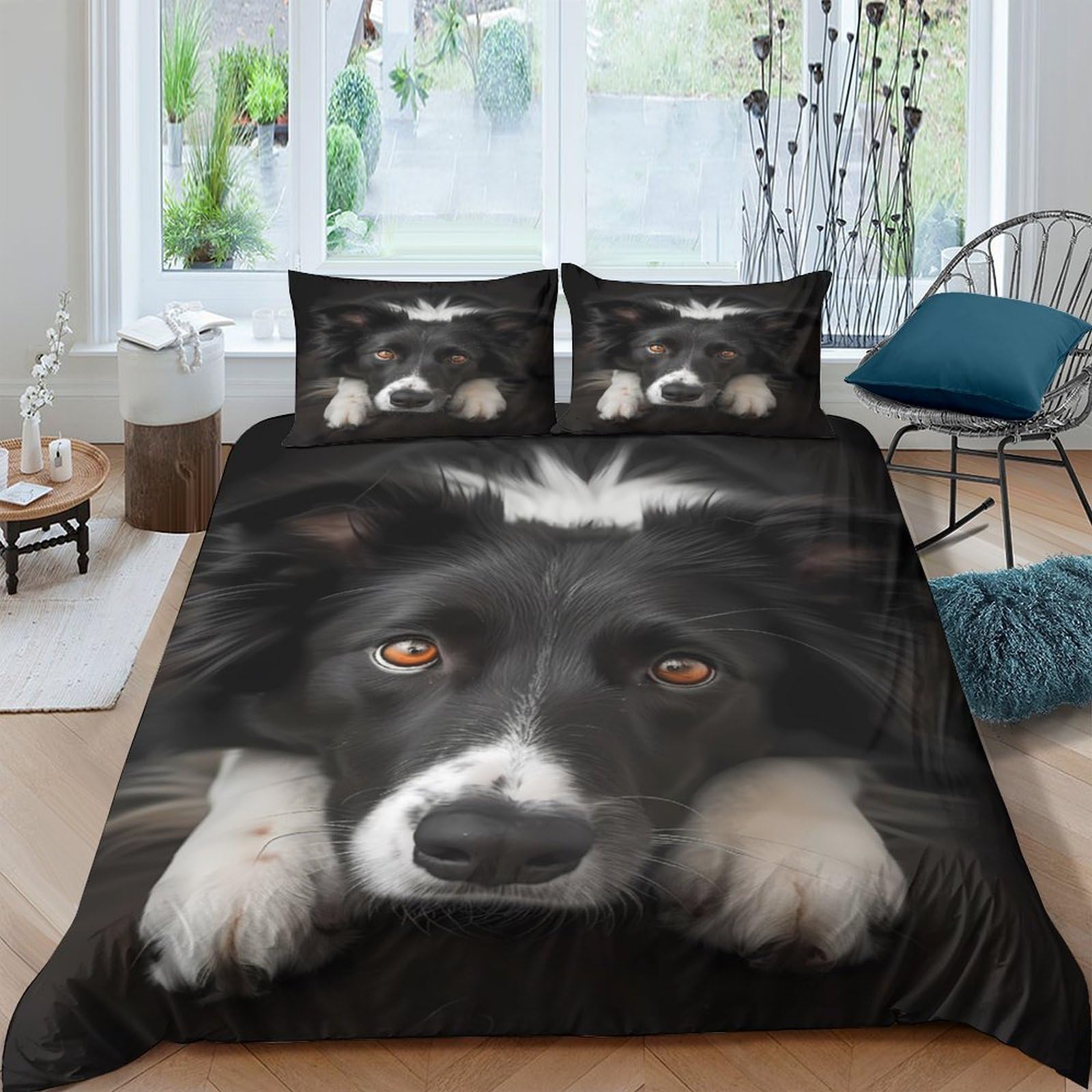 Ctjqhvkz Style-7 3D Printed Border Collie Fitted Sheet Microfiber Black White Dog Bed Cover For Bedroom Guest Room Easy Care Single（135X200cm）