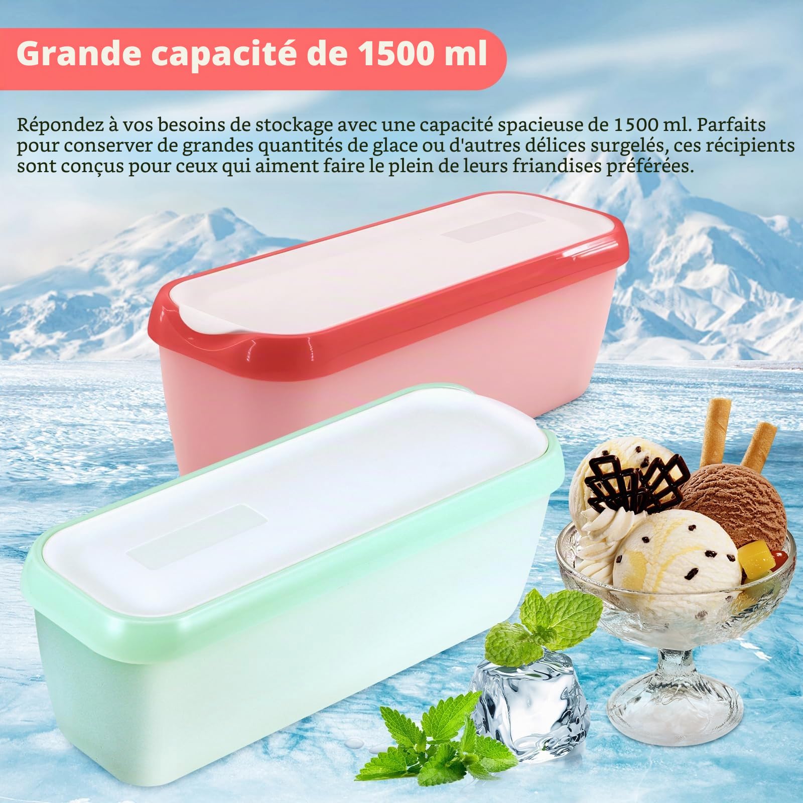 Lot de 2 bac a glace maison, 1,5 L boîte pour glace maison, Récipients Réutilisables pour la Crème Glacée faite Maison, Sans BPA en qualité alimentaire (vert+rouge clair)