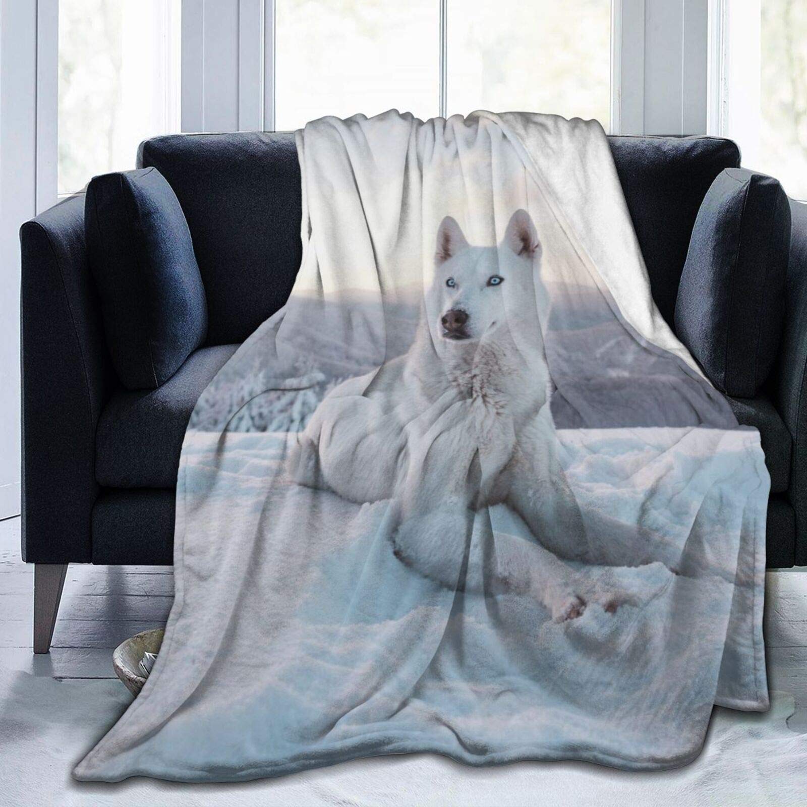 KUOAICY White Husky Dog Wolf Fleece Throw Blanket Soft Bed Couch Sofa Blankets, 50'' X 40"