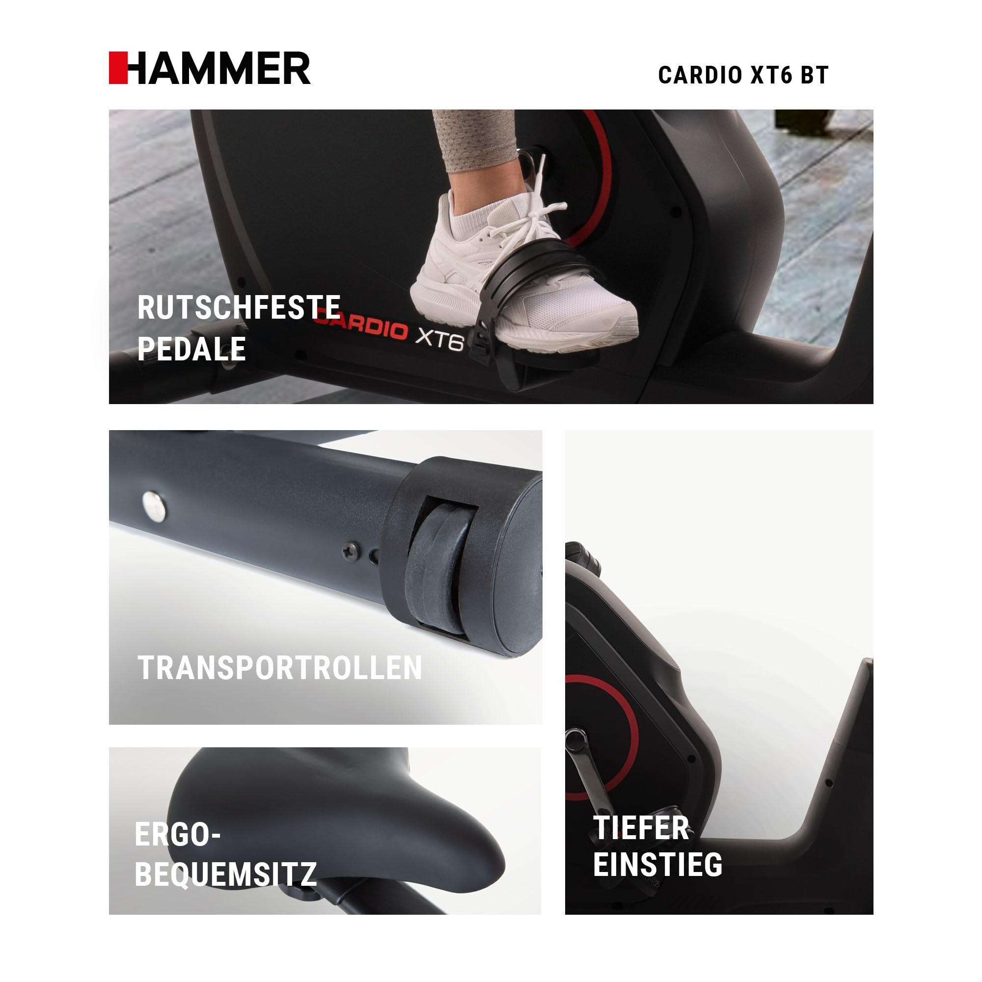 HAMMER 4862 Ergometer Cardio XT6 BT, leises Fitnessfahrrad mit tiefem Einstieg und Comfort-Sattel, 13 kg Schwungmassensystem, Bluetooth & App-Steuerung, 130 kg Benutzergewicht, 93 x 51 x 150 cm