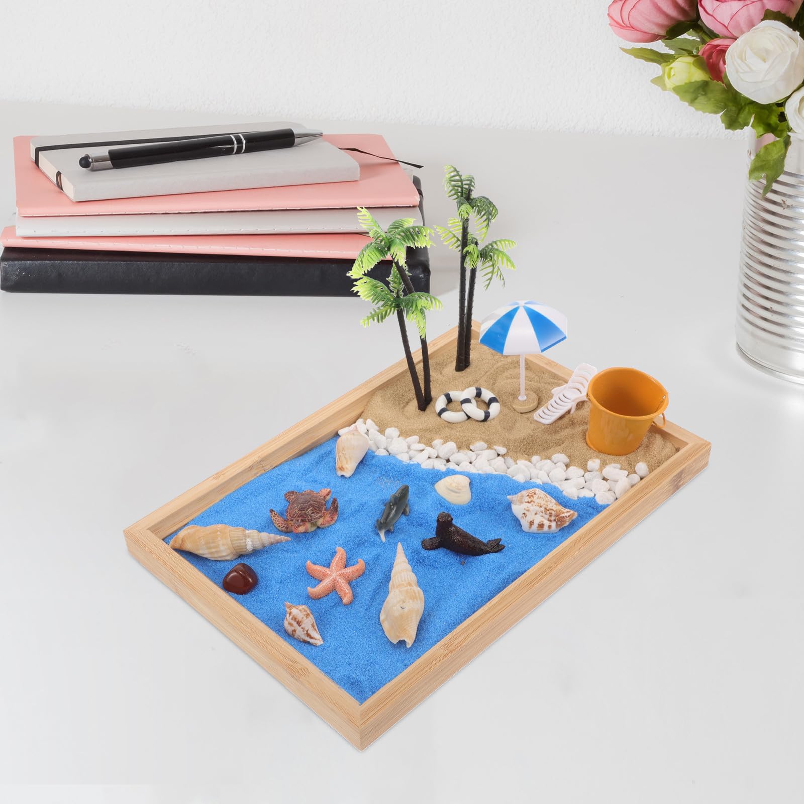 Mini Jardín Zen de Arena Japonés para Escritorio 28x19x2.5 Cm, Caja de Arena Decorativa Tema de Playa Oceánica, Micropaisaje Creativo para Decoración del Hogar y Oficina