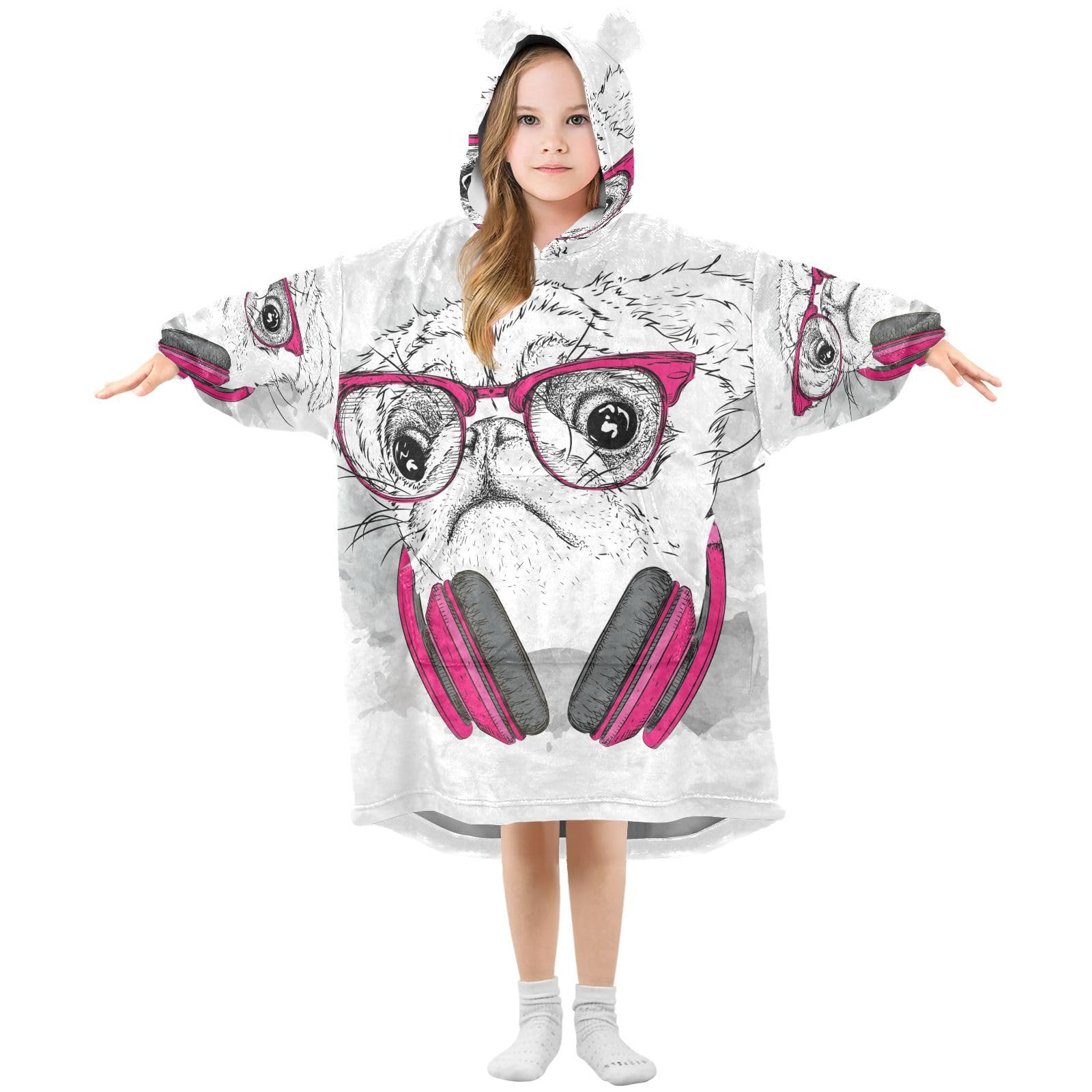 Oversized Blanket Hoodie for Kids Adult Girls Boys, Fleece Hoodie Blanket Illustration Fashion Pug Dog Super Warm Plush Wearable Blanket Hoodie Sweatshirt with Roomy Pocket, Small