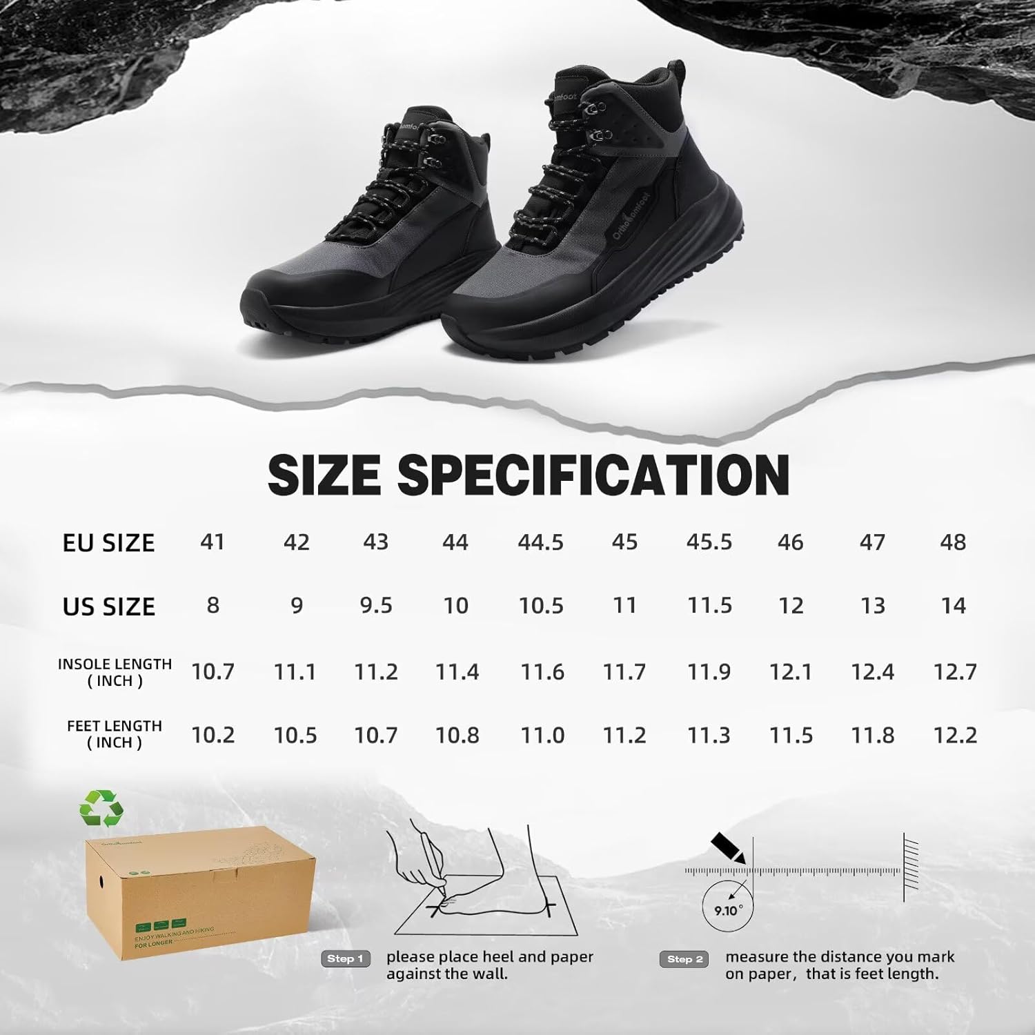 Men's Orthopedic Wide Waterproof Hiking Boots: Comfortable Plantar Fasciitis Diabetic Arch Support Trekking Walking Shoes, Orthotic Non Slip Outdoor Adventures Mid Ankle Boots for Foot and Heel Pain - Image 9