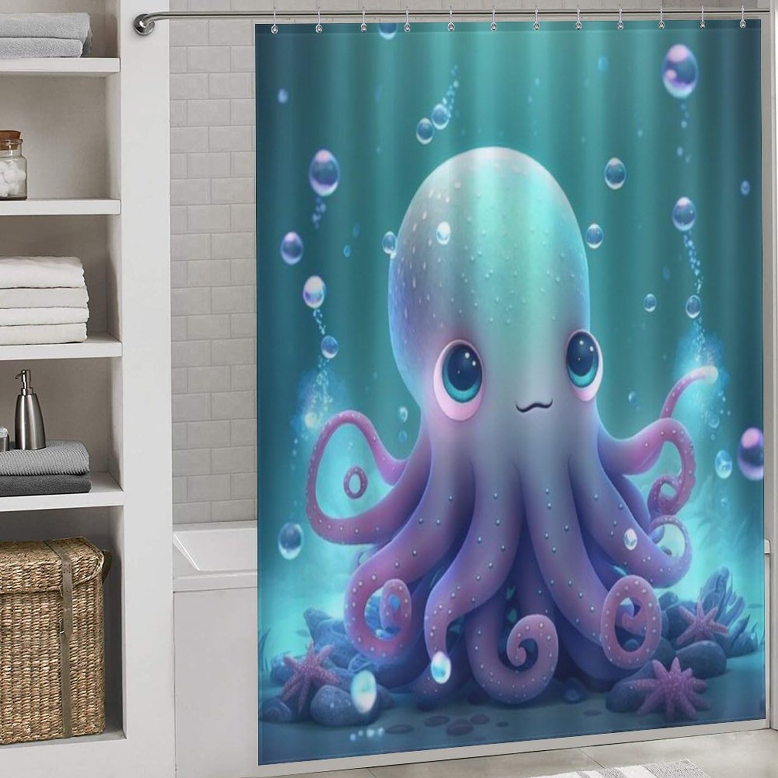 Rideau douche pieuvre en tissu lavable imperméable 168x183 cm