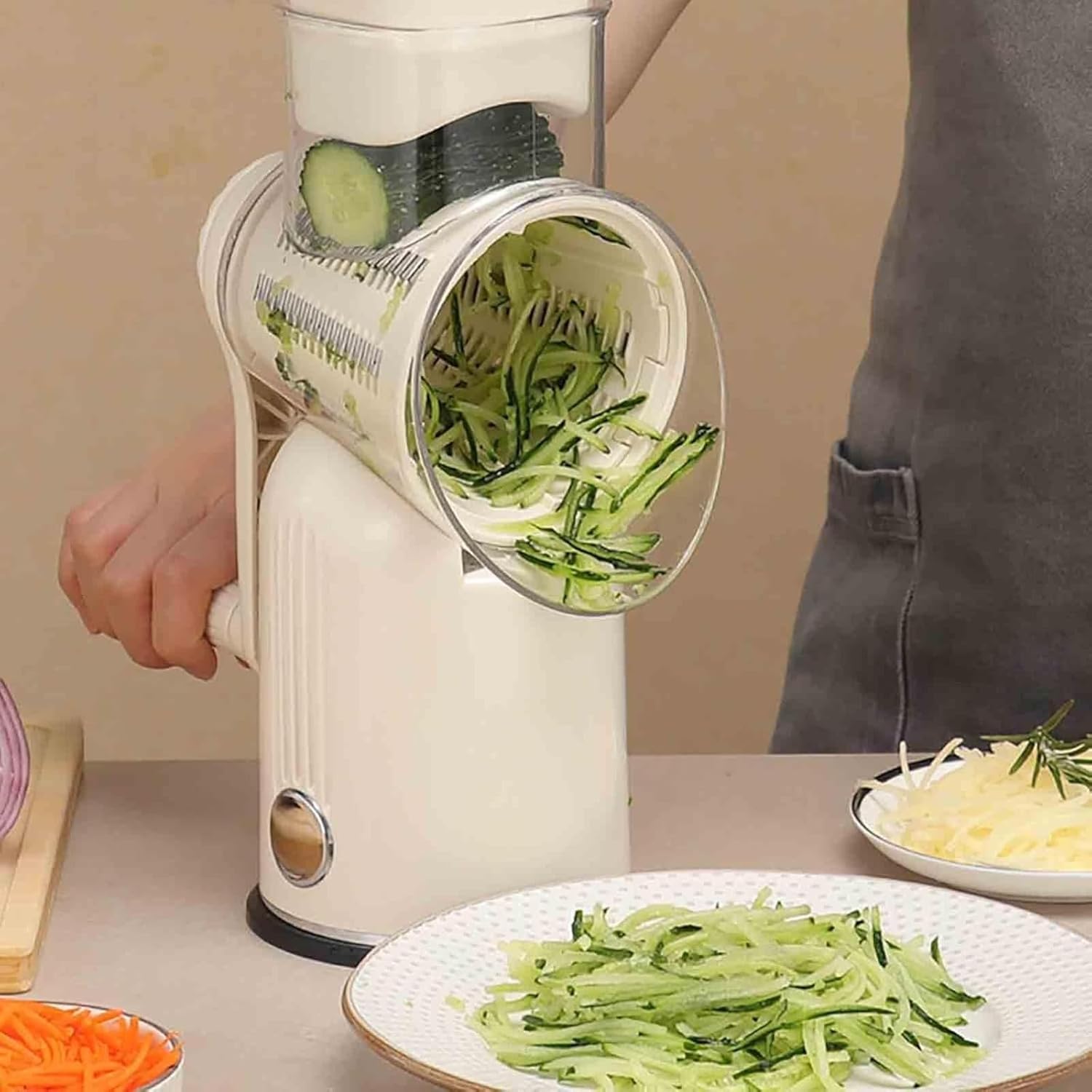 5 in 1 Round Slicer, Cheese Grater, for Kitchen with 5 Blades & Blade Storage Box & Strong Suction Base (White)