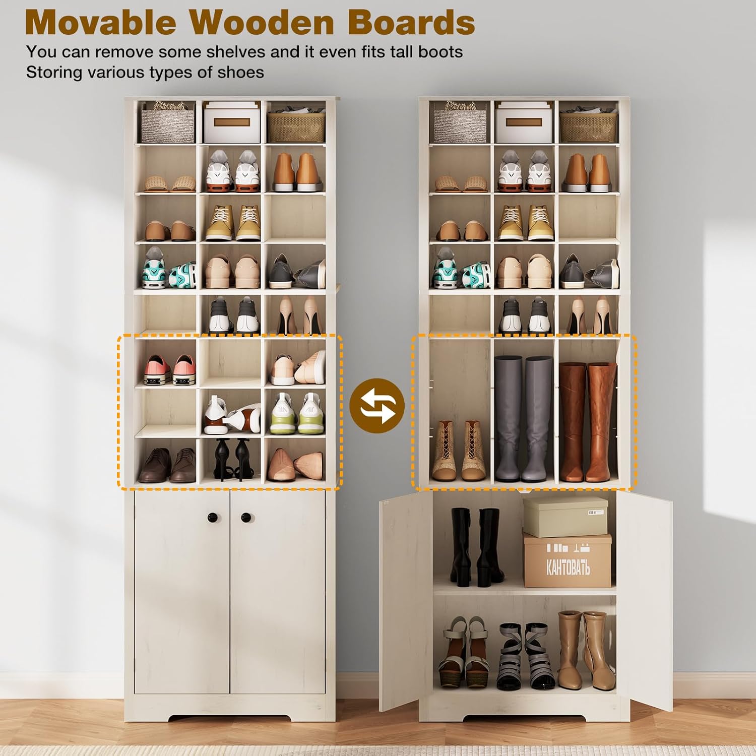 HOMMPA 72'' Beige Tall Shoe Cabinet, Freestanding Tall Shoe Rack with Bottom Cabinet, 8-Tier 24 Cubbies Wooden Shoe Storage Organizer with Adjustable Shelves for Entryway, 13" D x 24" W x 72" H