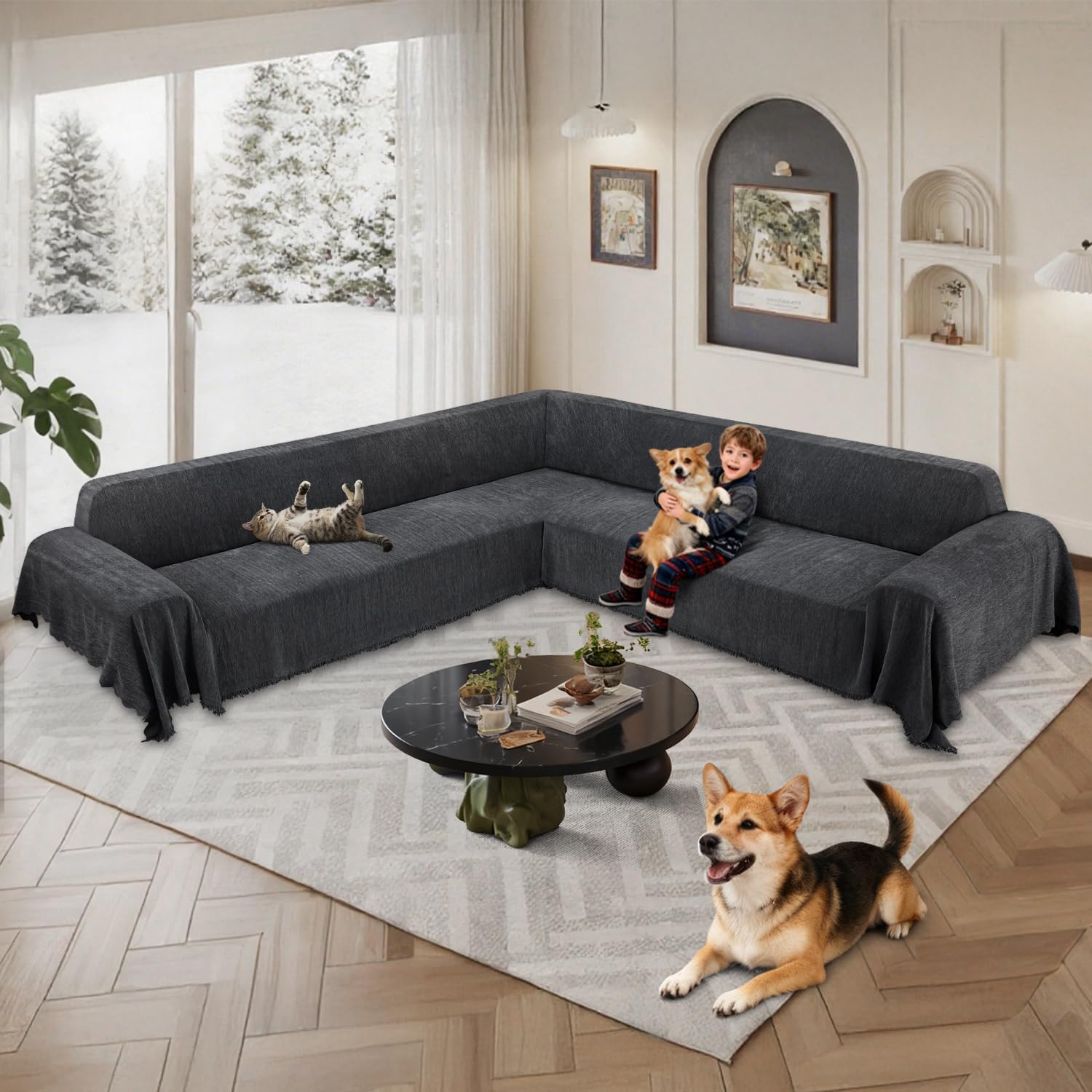1OO% Waterproof Corner Sectional Couch Covers L Shape Chenille Sectional Sofa Cover with Tassel Soft Thick Washable Sofa Slipcover Furniture Protector for Dogs Pets (91" x 252",Charcoal Grey)