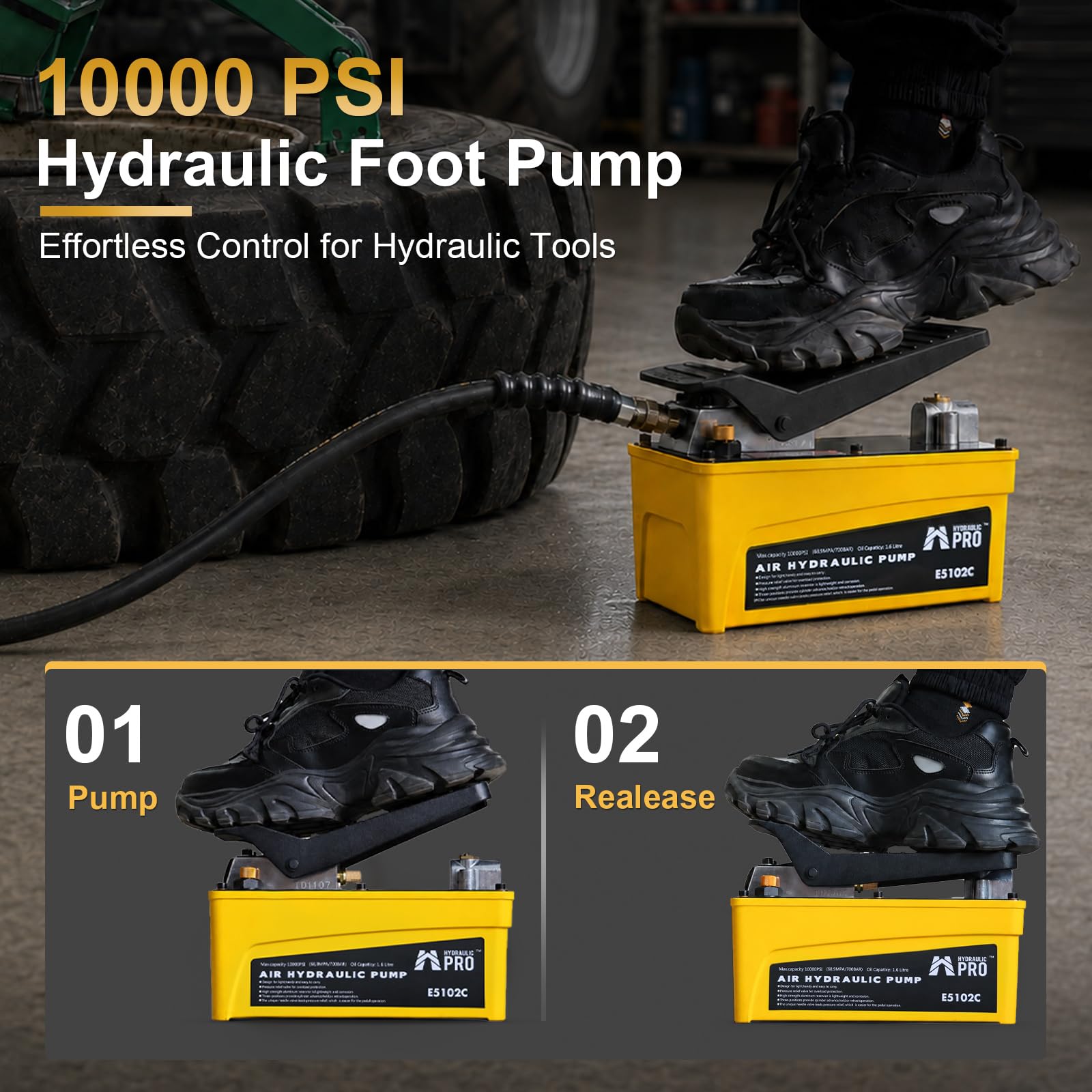 Air Hydraulic Pump, 10000 PSI High Pressure Output, Foot Pedal Pump, Yellow