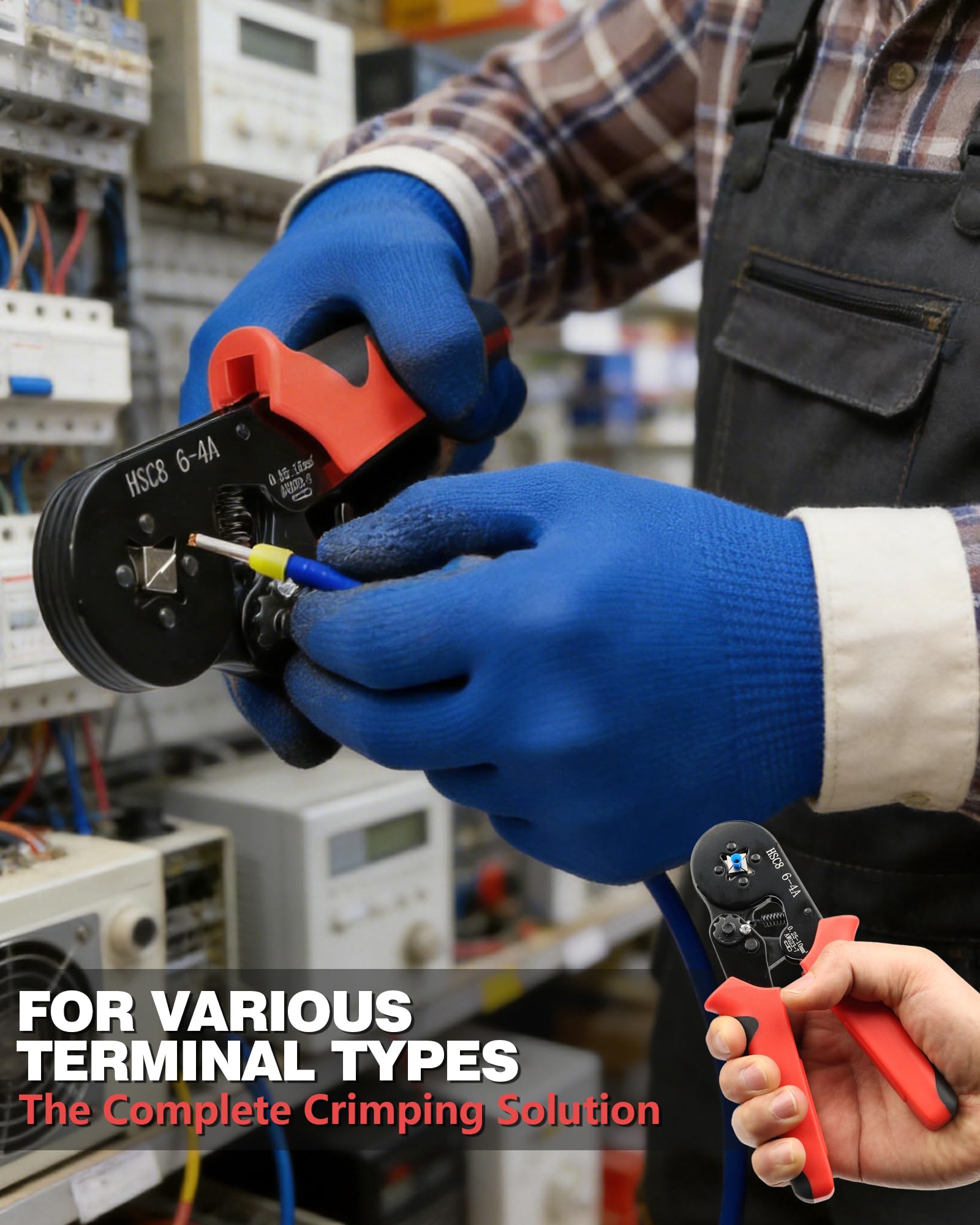 Crimpadora Terminales Eléctricos Profesional 0.25-10mm², 1300 Piezas Terminales Eléctricos para Punteras Huecas, Alicates Prensa Terminales Autoajustable con Trinquete para Electricistas