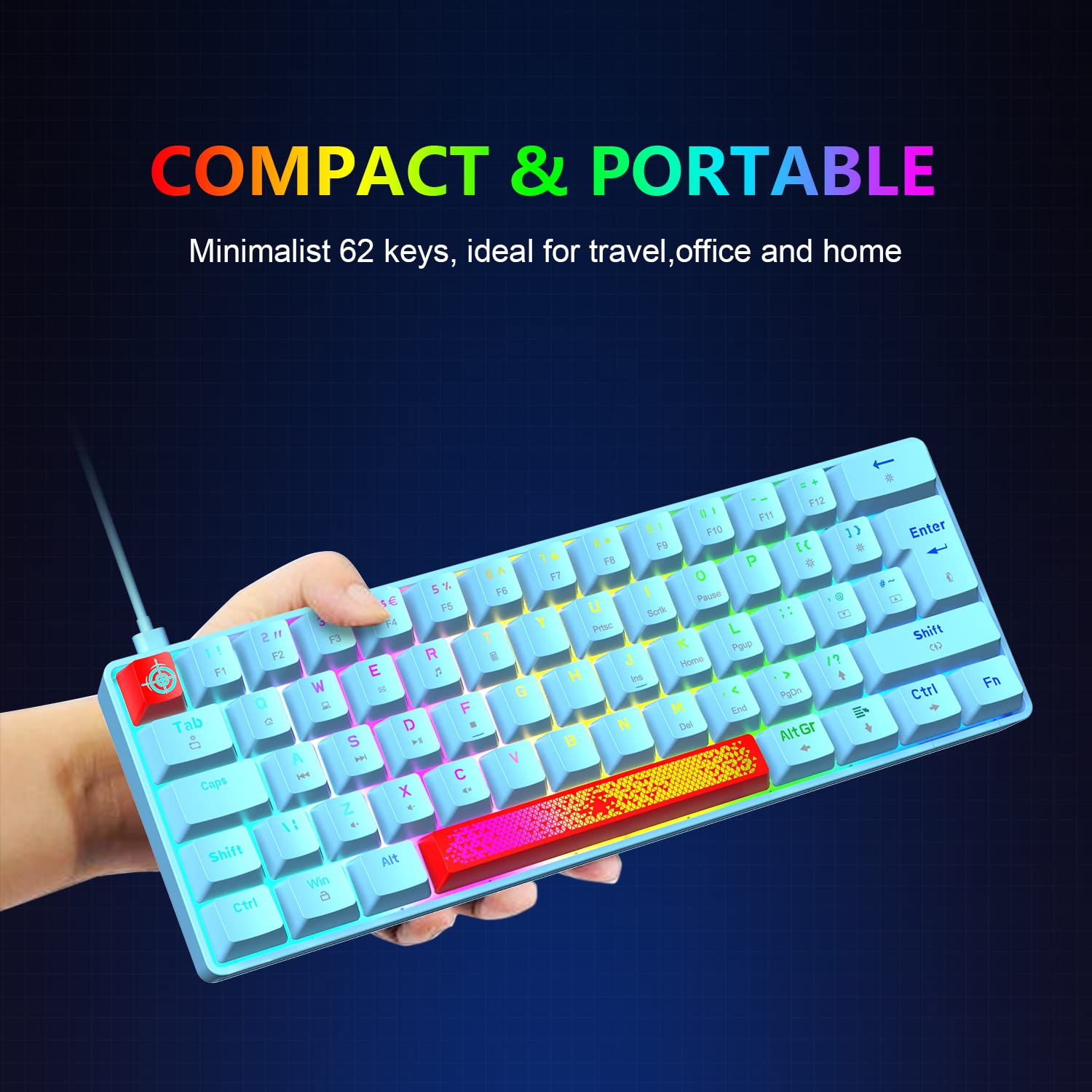 Tastiera da gioco al 60% con interruttore blu, 62 tasti compatti, 18 LED Chroma RGB retroilluminata, USB staccabile di tipo C, extra due tasti rossi tastiera meccanica (blu)