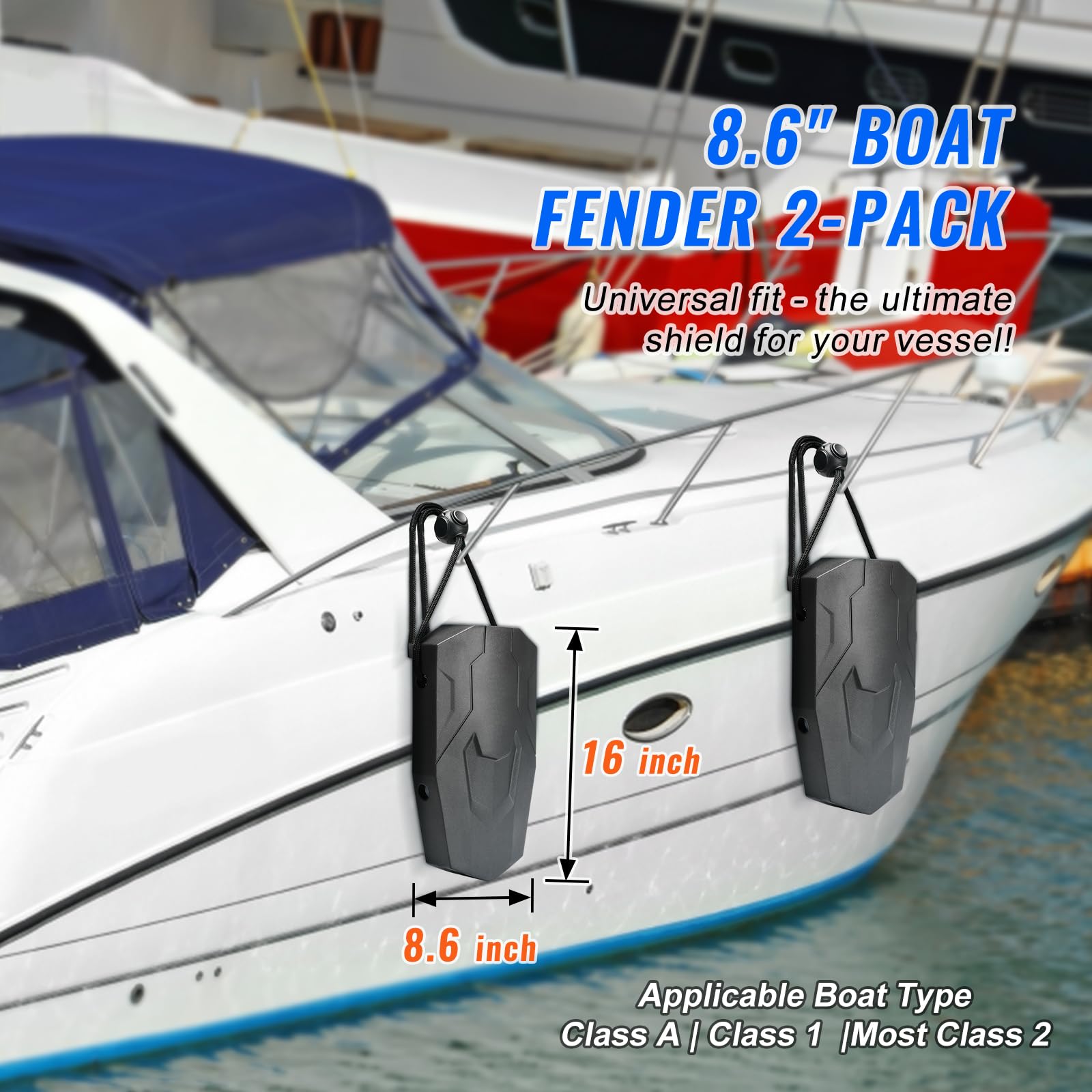 Happybuy 8.6x16” Boat Fenders, EVA-Made. with Ropes & Bag, no Inflation. Perfect for Docking Class A/1/2 Boats, Sleek Black Design.