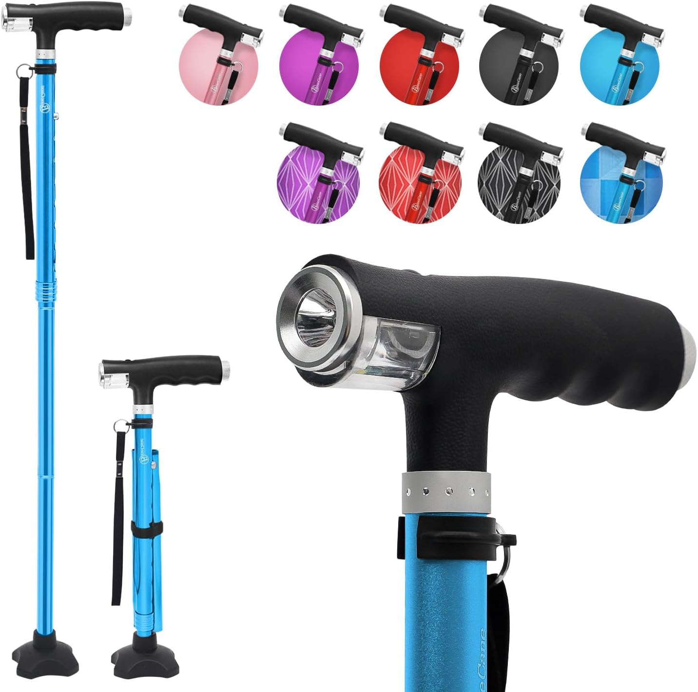 BeneCane Folding Quad Cane with Two LED Lights, Stable Base, Lightweight and Adjustable Walking Stick