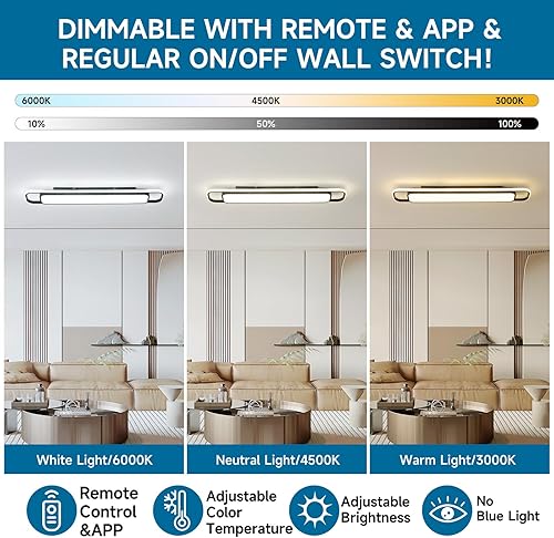 Miniatura 5 de Moderna iluminación LED de techo con control remoto, 70 W, regulable, negro, lineal, de montaje empotrado, 39.4 pulgadas, lámpara de perfil bajo,