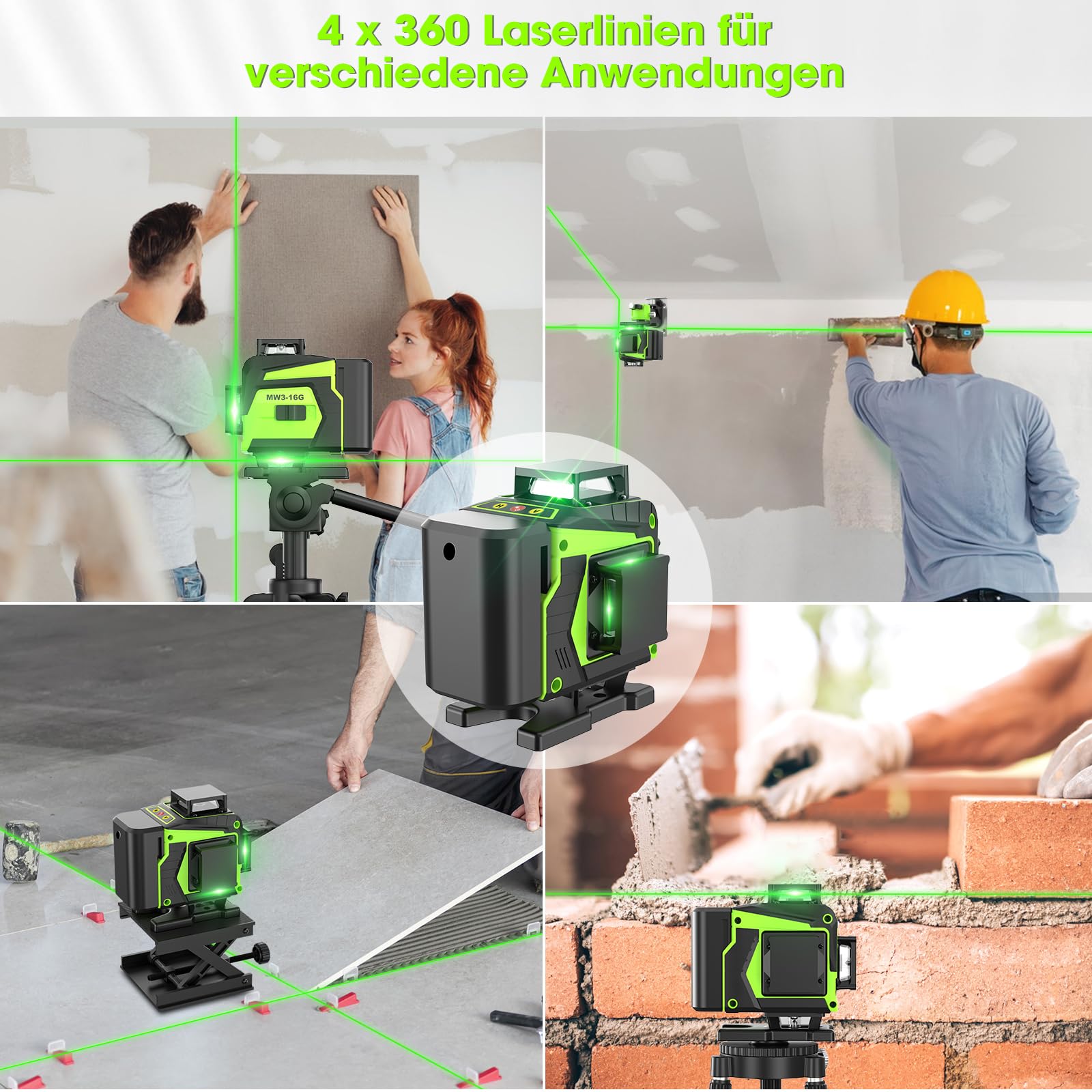 Kreuzlinienlaser Grün 16 Linien Nivellierlaser mit Stativ, 4 x 360 ° Laser Wasserwaage, Linienlaser Kreuzlaser Selbstnivellierend für Innenbereich Baustelle, 2 x Batterie Vermessungskabine