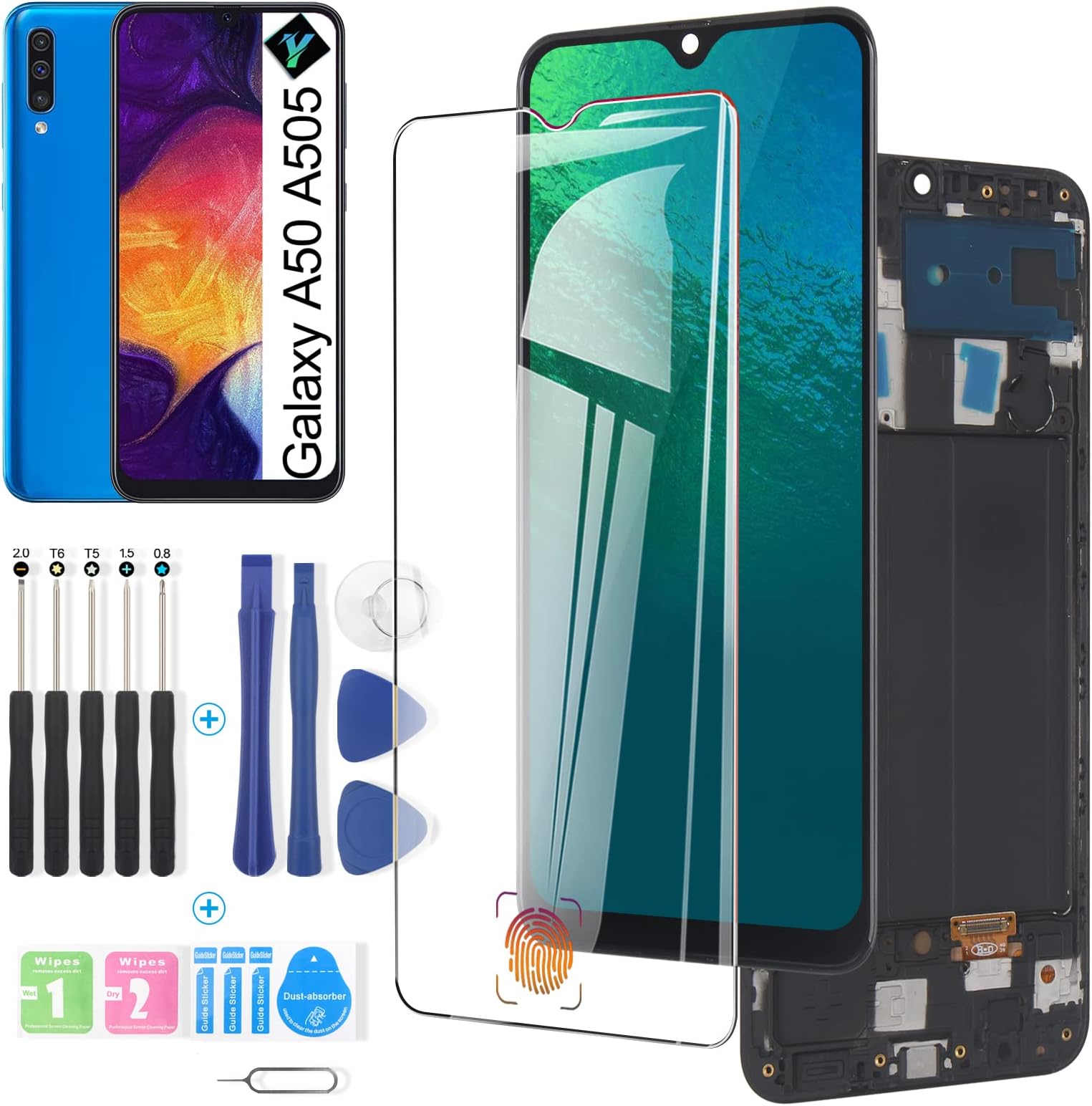 OLED Screen for Samsung Galaxy A50 2019 Screen Replacement LCD Touch Screen Display Digitizer for Samsung A50 A505 SM-A505 A505G/DS A505FDS Assembly with Repair Parts Tool(Support Fingerprint Sensor)