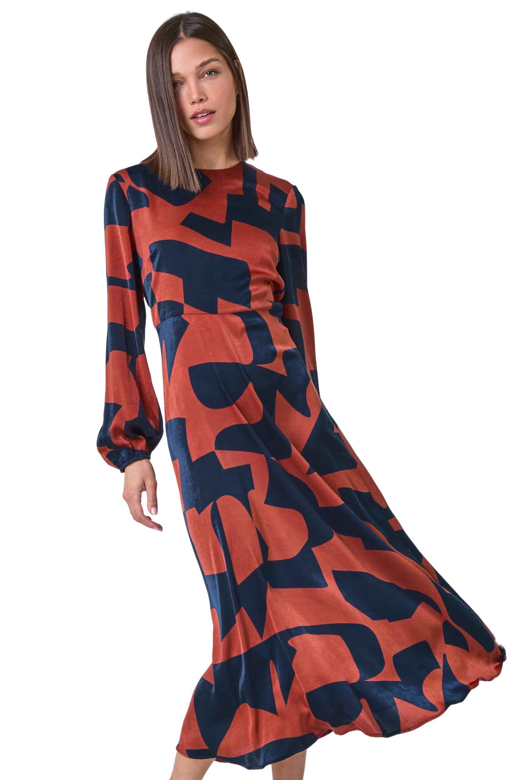 Roman Women's Rust Geometric Colour Block Print Midi Dress Size 18