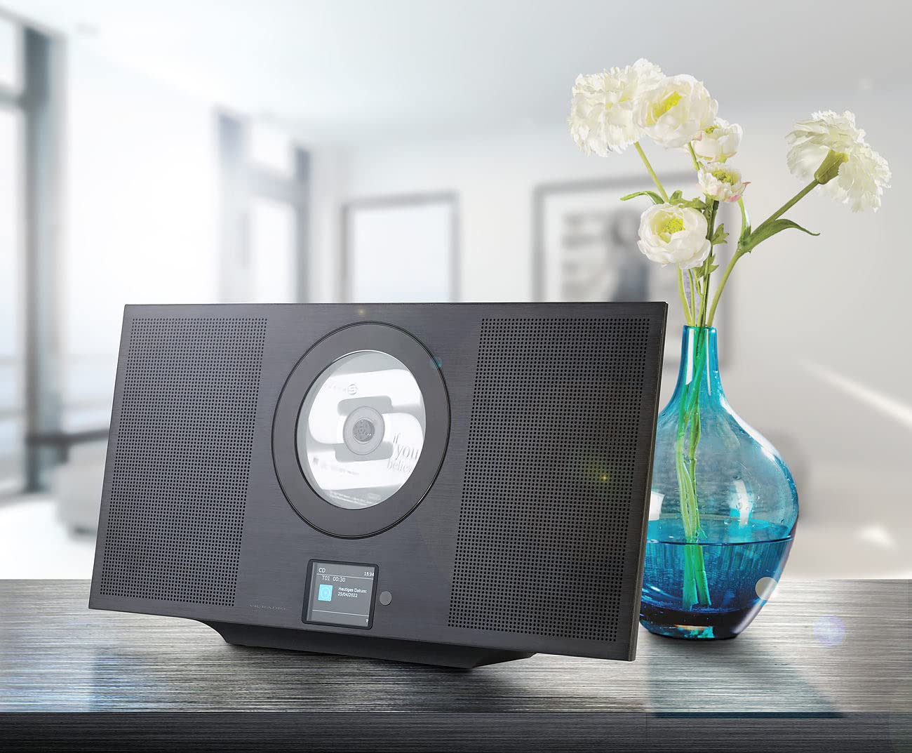 VR-Radio Wandradio flach: Stereoanlage, Alu, Internet-Radio/CD/DAB+/Bluetooth, 60W, DSP, schwarz (Radio flach Wandmontage, vertikale Stereoanlage, Box)