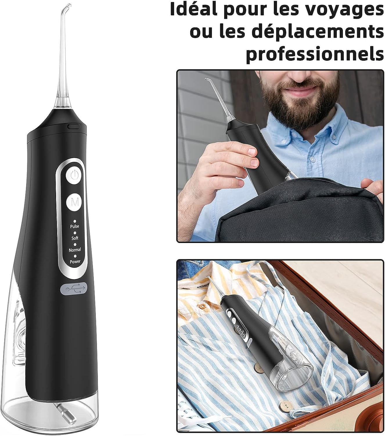 Jet Dentaire Hydropulseur Portable, Jet Dentaire Sans Fil Rechargeable avec 4 Modes Capacité de 310 ml IPX7 Étanche H6