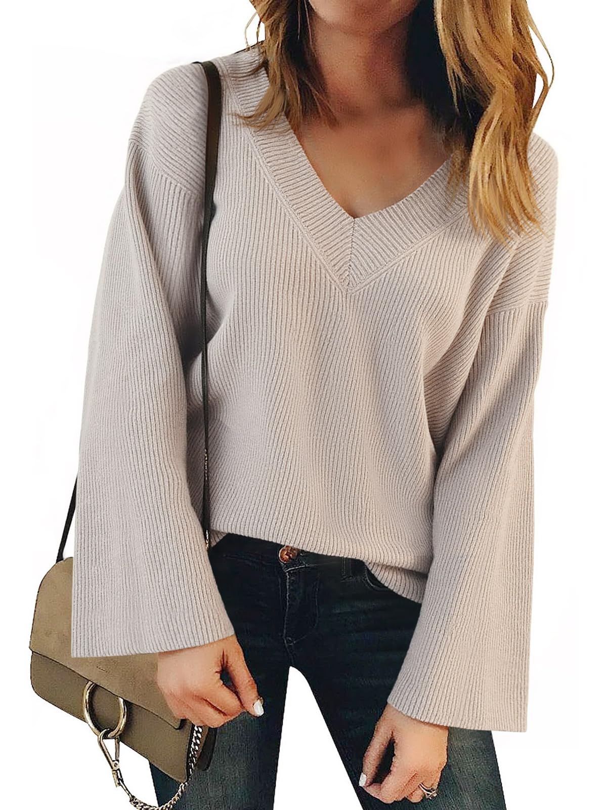 Yousify Womens V Neck Oversized Sweaters Long Sleeve Knit Pullover Trendy Casual Chunky Sweater