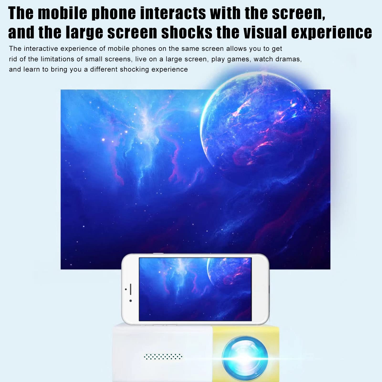 Mini Proiettore, Imaging a Riflessione Diffusa 1080P, Schermo Dello Stesso Telefono, Batteria da 1300 mAh, Supporto 23 Lingue, Proiettore HD Portatile con Altoparlanti per Giocare, Guardare Film(UE)