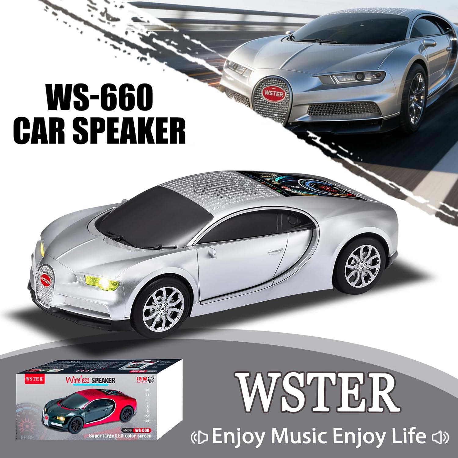 WS-660 Hypercar Bluetooth Replica Speaker with LED Starry-Sky Display, Portable with HD Sound, LED Party Light, TWS Pairing, FM/USB/TF Playback, Built-in Mic, Best Gift for Hypercar Lovers (Silver)