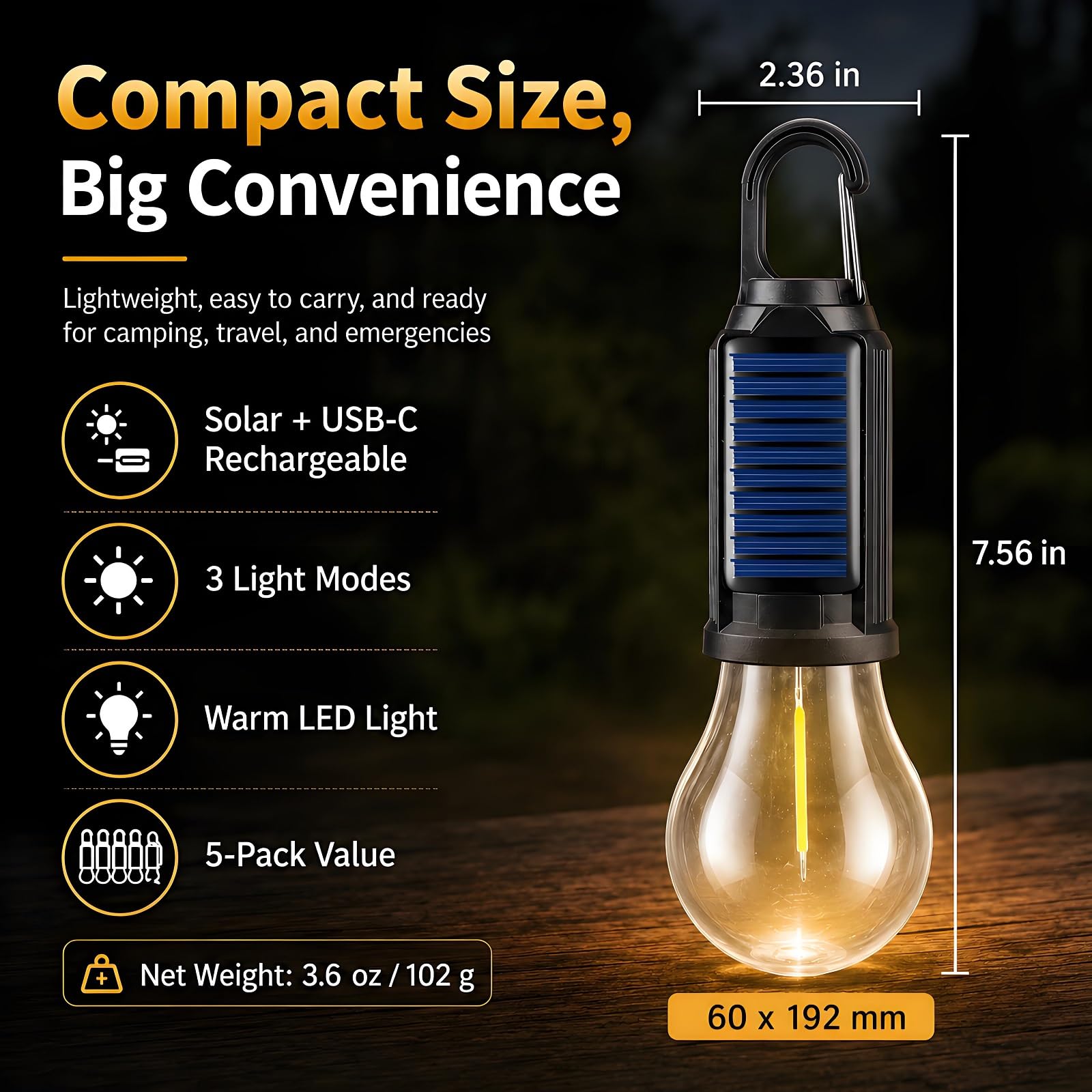 Paquete de 5 luces solares recargables para tienda de campaña, linterna LED para acampar al aire libre con gancho de clip para decoración de camping, senderismo, pesca, emergencia, linterna