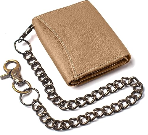 Miniatura 4 de Cartera de cadena para hombre, bloqueo RFID, triple pliegue, vintage, piel de vacuno, cuero de grano superior, cadena de acero inoxidable, cierre a