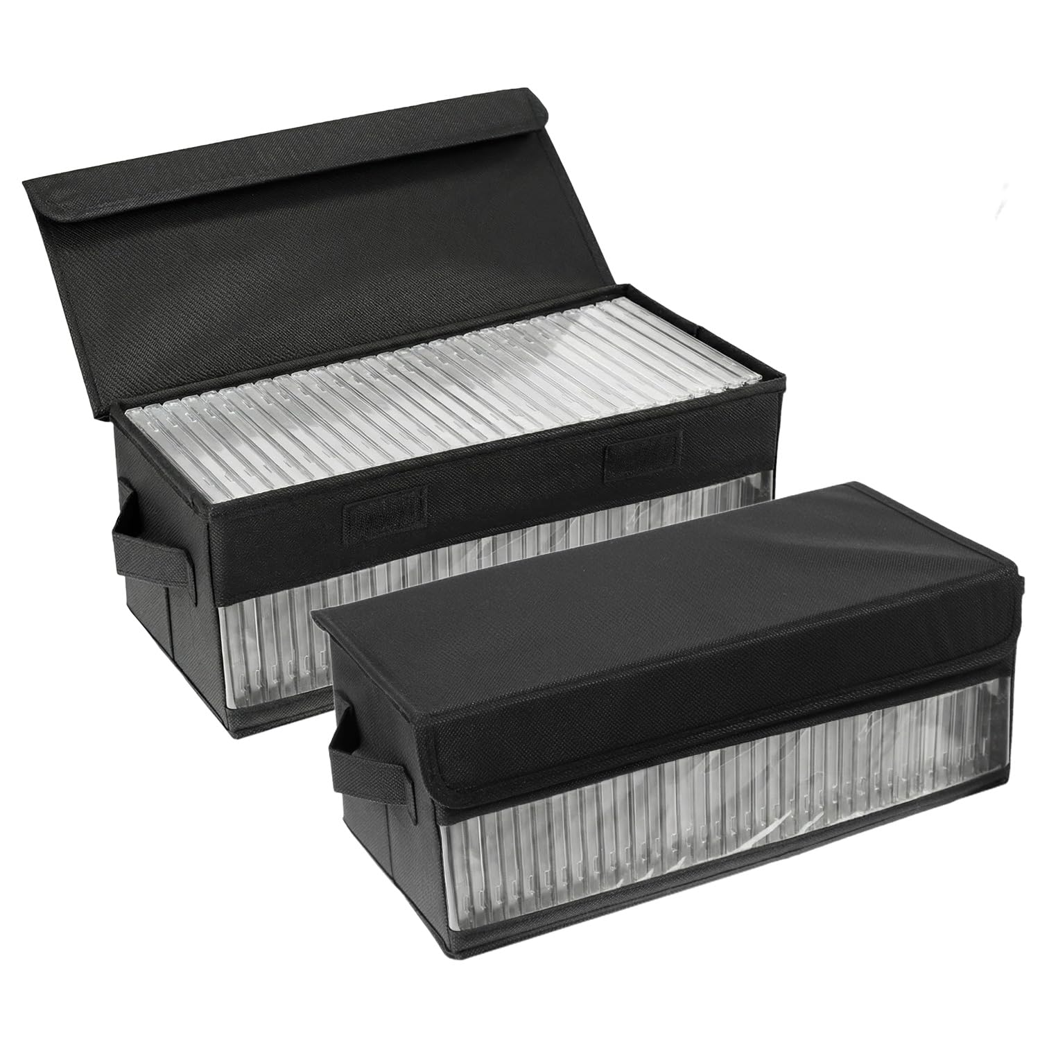QWORK® Confezione da 2 Scatole Porta CD, 36x14x6 cm, Organizer in Tessuto Nero per 30 Standard per CD, 60 Custodie Slim o 165 Custodie Porta CD