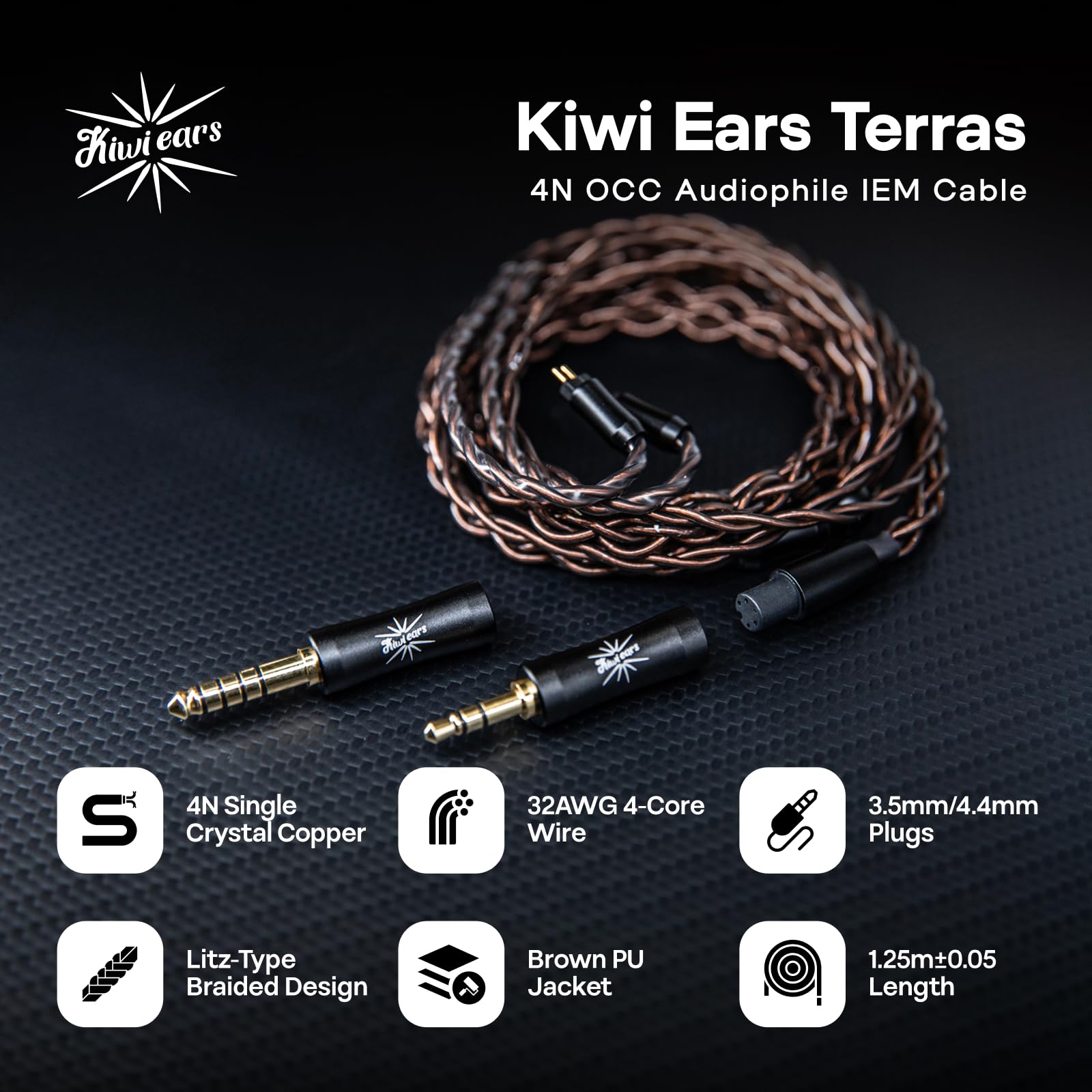 Linsoul Kiwi Ears Terras IEM Câble,Pour écouteurs intra-auriculaires 4N en cuivre monocristallin 32AWG 4 âmes,HiFi Câble de 1,25m avec fiche 3,5mm/4,4mm pour Orchestra Lite Mangird Tea Pro