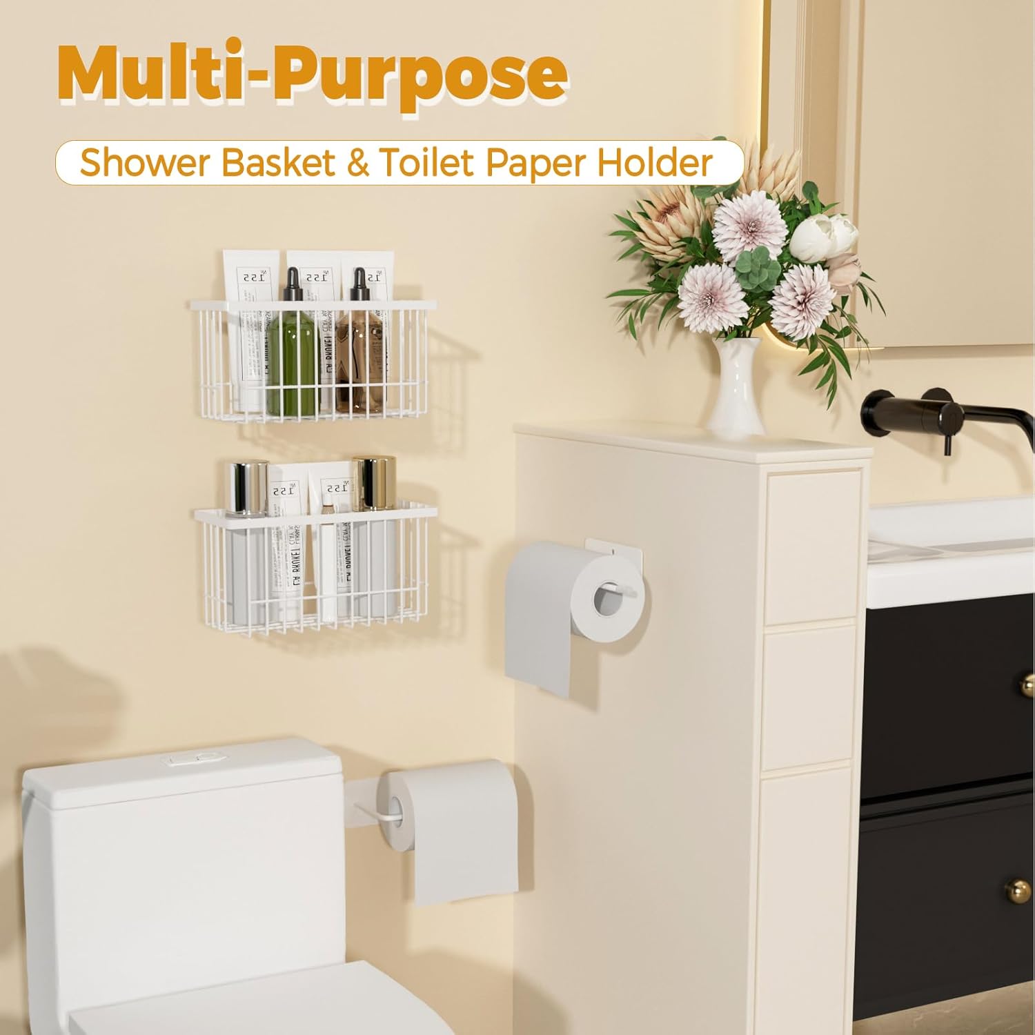 4 Pack Adhesive Cabinet Door Organizer - Tumbler Lid Organizer & Kitchen Storage baskets for Kitchen, Bathroom, Inside Cabinet Door Storage for Cup Lids, Spices, Small Supplies, Space-Saving (White)
