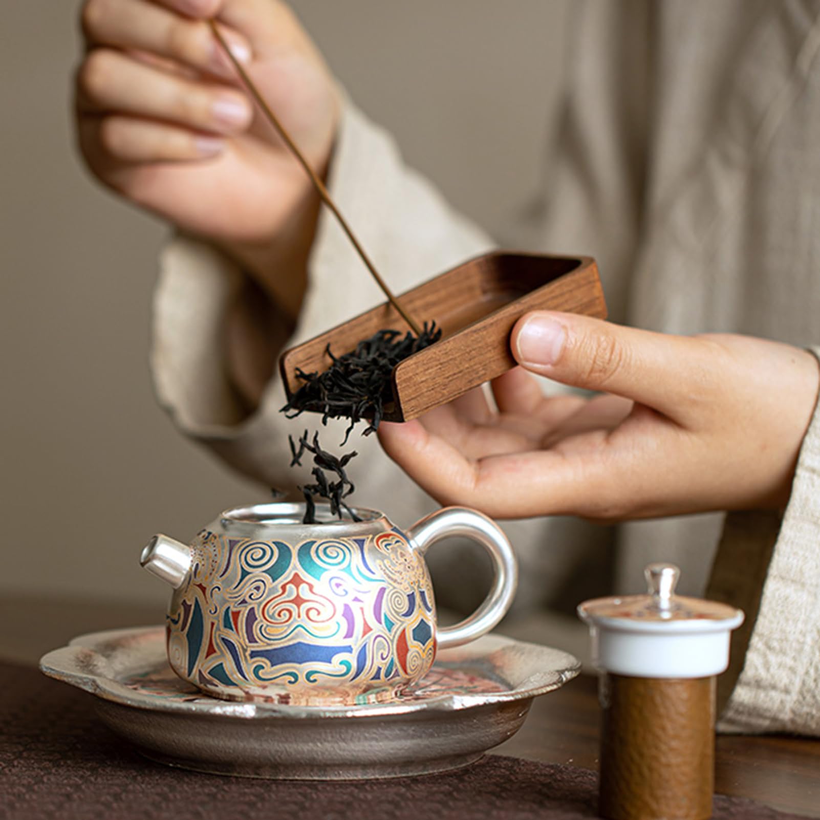 FOTN Juego de té vintage único, cerámica y plata, 1 olla, 2 tazas, 1 alfombrilla para olla, 1 caja de regalo, juegos de té KungFu, juego de tazas de café de lujo, taza para beber
