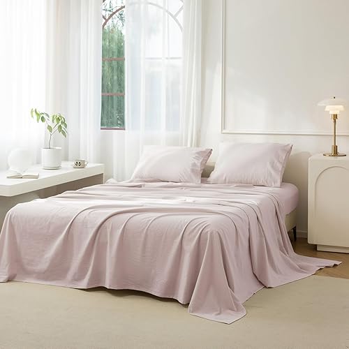 Miniatura 8 de JIYUAN Juego de sábanas de 100% algodón lavado, 4 piezas, 1 sábana bajera, 1 sábana encimera y 2 fundas de almohada, cómodo y transpirable, similar