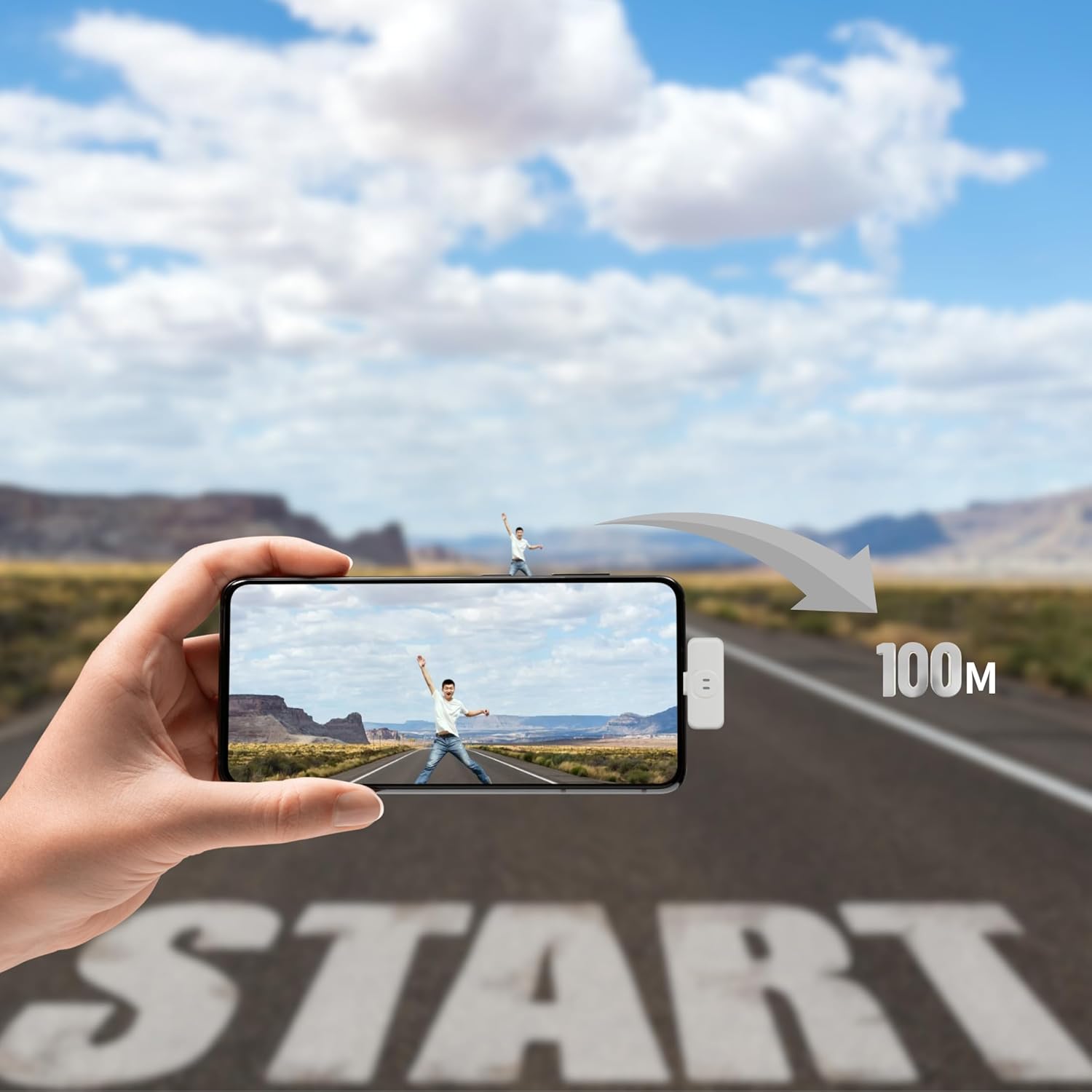 A hand plugging the SHISUO A5 receiver into a smartphone, showing the compact design and direct connection.