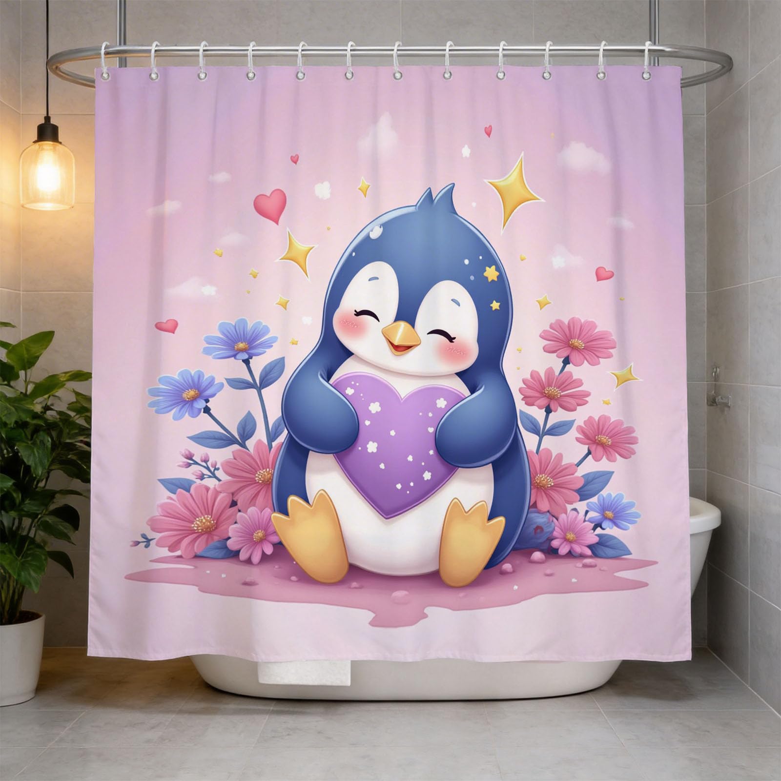 Hongduo 3D Child Penguin Shower Curtain for Stalls Bathtubs Cute Lovely Bathroom Decor Shower Curtain Set Polyester Fabric Waterproof 180x200cm/71X79 Inch with Hooks