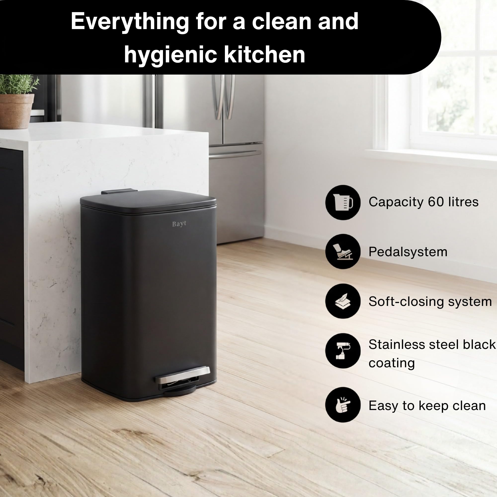 Bayt Kosz na śmieci – kosz na śmieci 60 litrów – kosz na śmieci 60 l – kosz na śmieci 60 l – pojemnik na odpady, stal nierdzewna, czarny