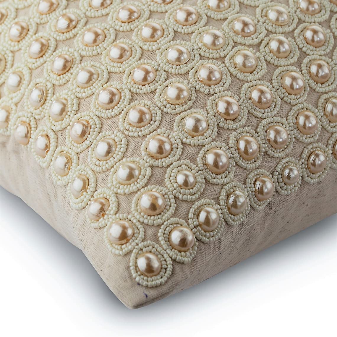 The HomeCentric Funda de Almohada Decorativa Beige Perla Bordada Lino Paquete de 2, 30x40 cm Beige, Funda de cojin Hecha a Mano Lino - Sea of Pearls