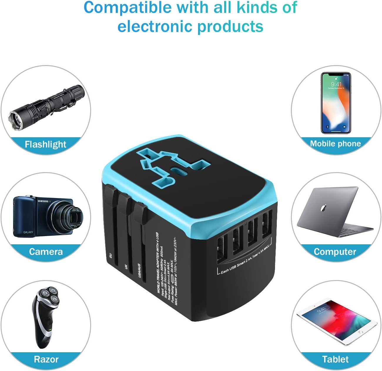 Universal Travel adapter, International wall charger with 4 USB Charging Ports, World adaptor combo, All in One power converters - Type A C G I for USA UK Japan China Eu Europe European