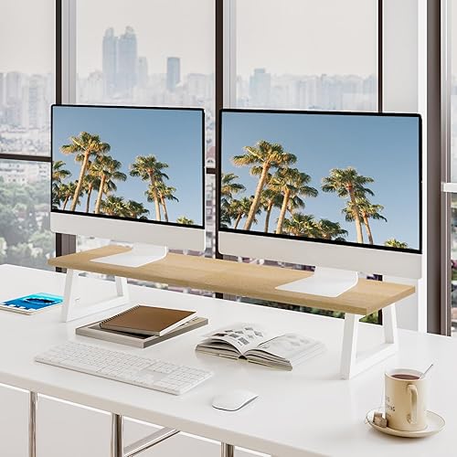 Miniatura 2 de TEAMIX Elevador de monitor doble de 31.5 pulgadas, soporte de TV ancho para 2 monitores, elevador de escritorio de madera y acero para organización