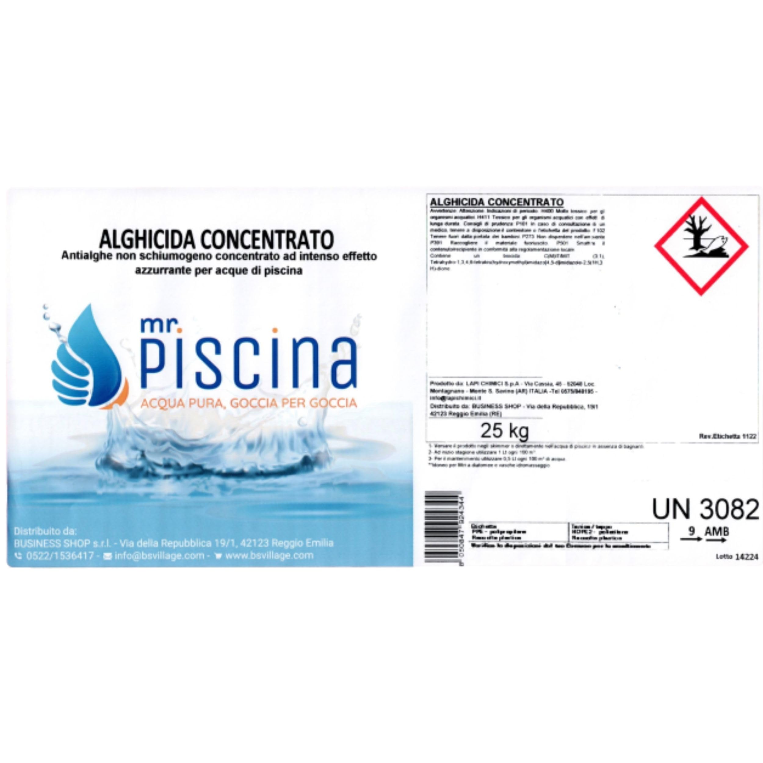 Antialghe per Piscina ALGHICIDA CONCENTRATO - Anti Alghe Tripla Azione Non Schiumogeno, Azzurrante Piscina (25 kg)