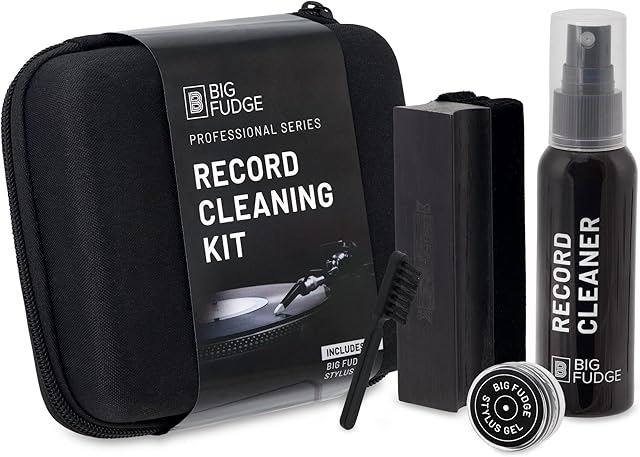 BIG FUDGE Vinyl Record Cleaning Kit - Includes Soft No-Scratch Velvet Vinyl Cleaner Brush, Cleaning Fluid & Stylus Cleaning Gel - w/Padded Storage Case